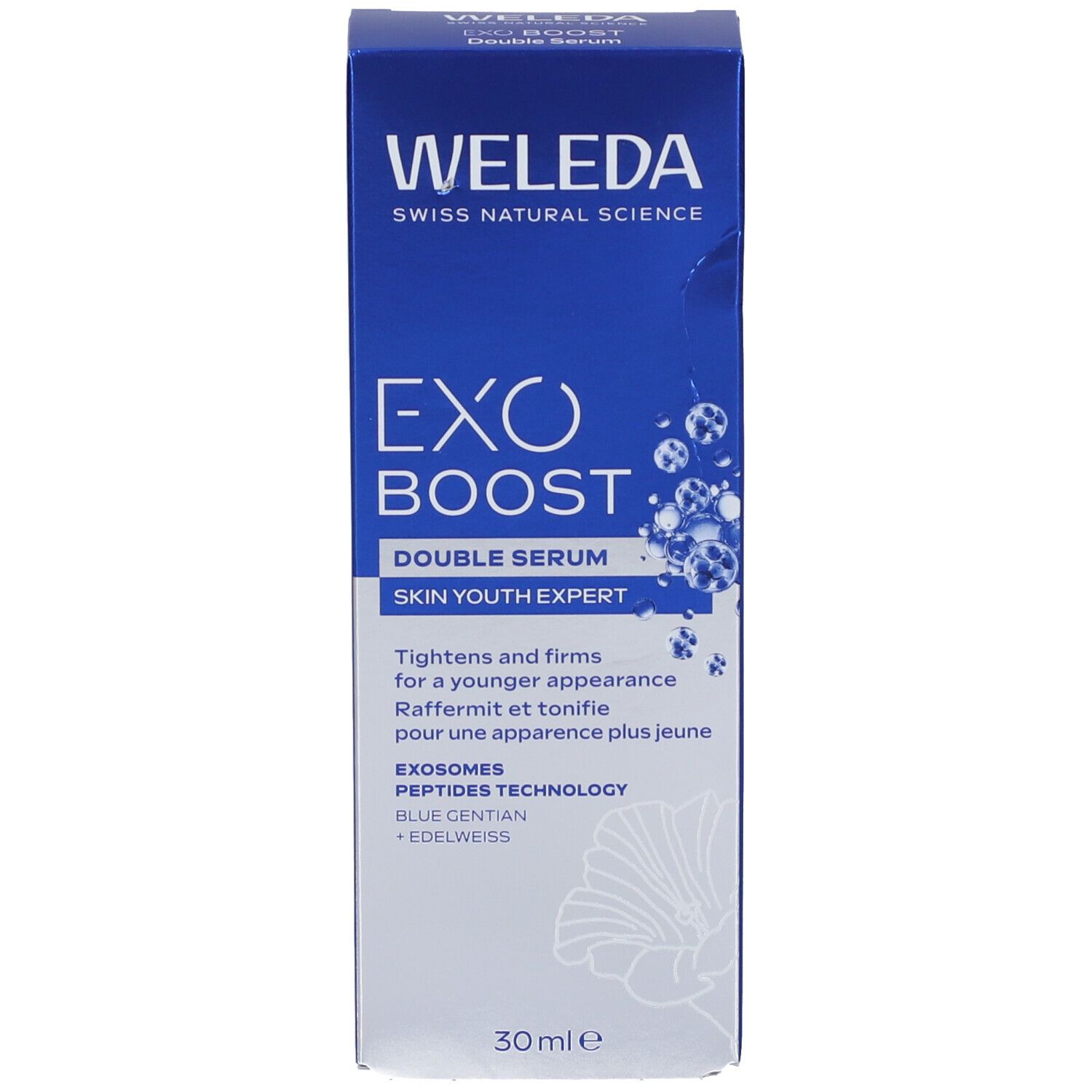 Confezione blu. Weleda Exo Boost Double Serum. 30 ml. Testo bianco. Swiss Natural Science.