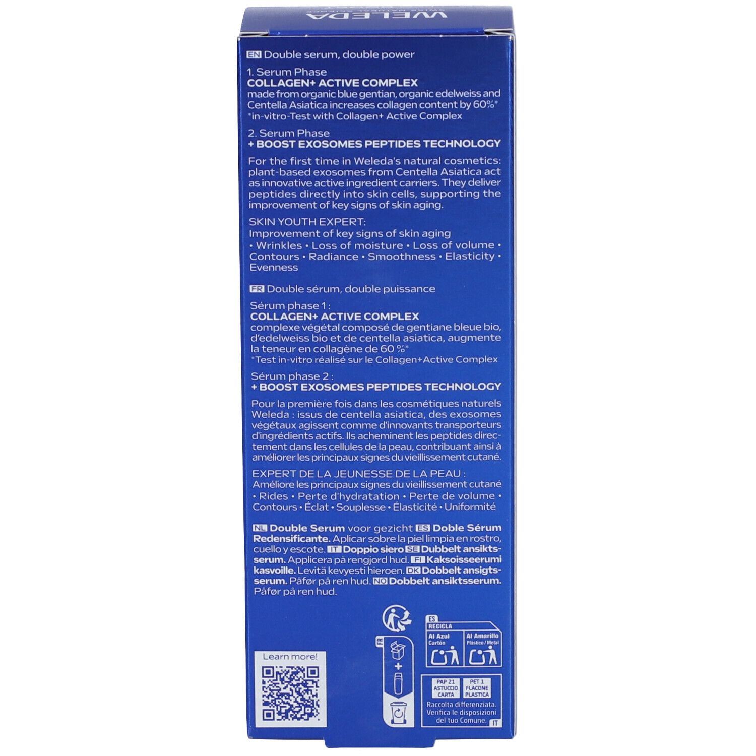 Confezione blu. Testo multilingue. Informazioni sul prodotto. Logo.