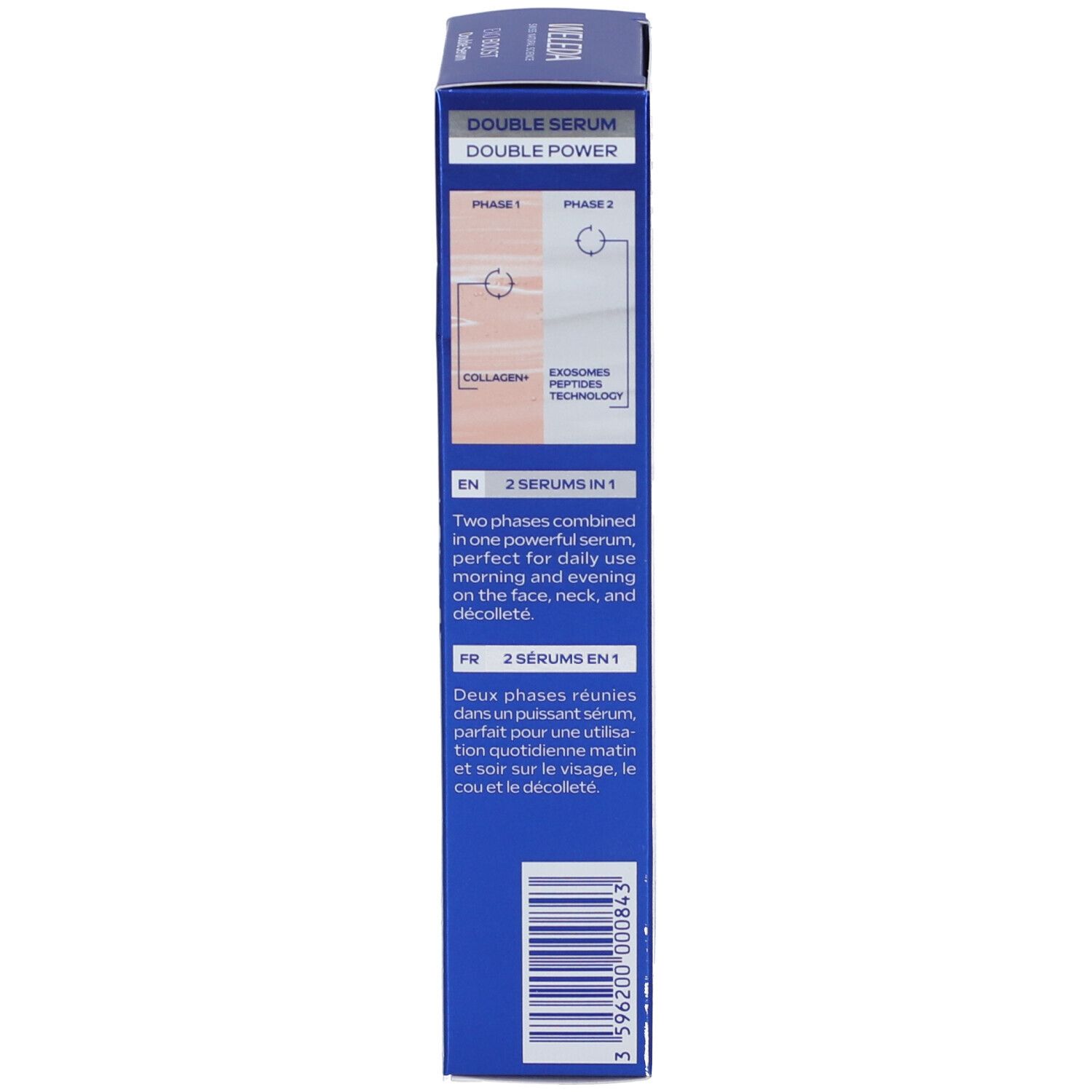 Confezione blu. Testo multilingue. Informazioni sul prodotto. Codice QR.