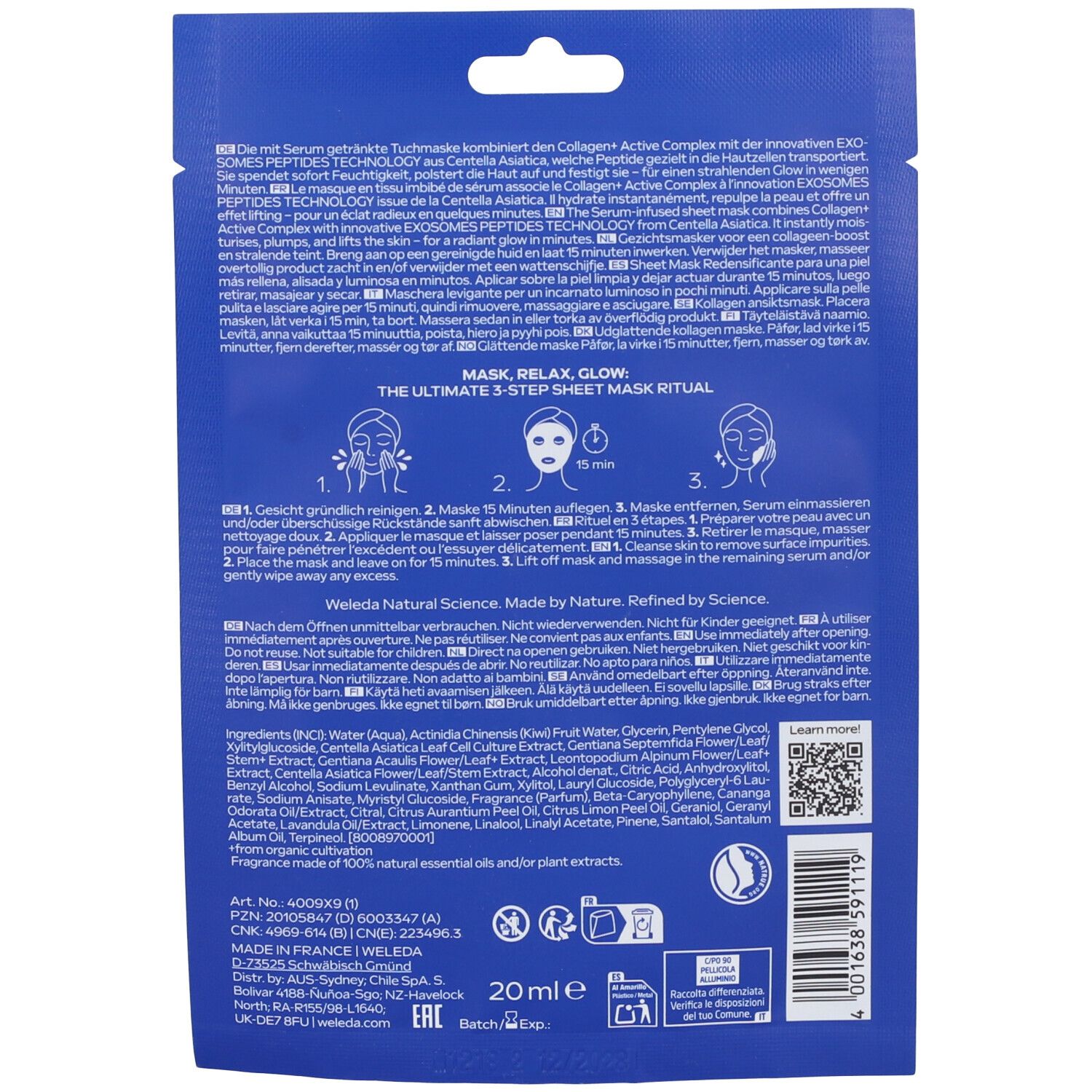 Retro della confezione della maschera in tessuto blu. Testo in più lingue. Contiene informazioni sugli ingredienti e l'uso.