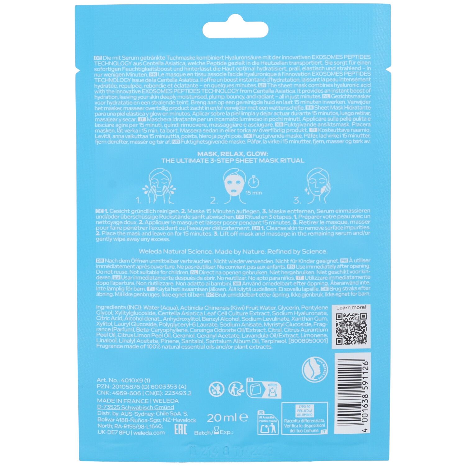 Retro della confezione azzurra. Testo con istruzioni e ingredienti. Indicazione di 20 ml in basso.