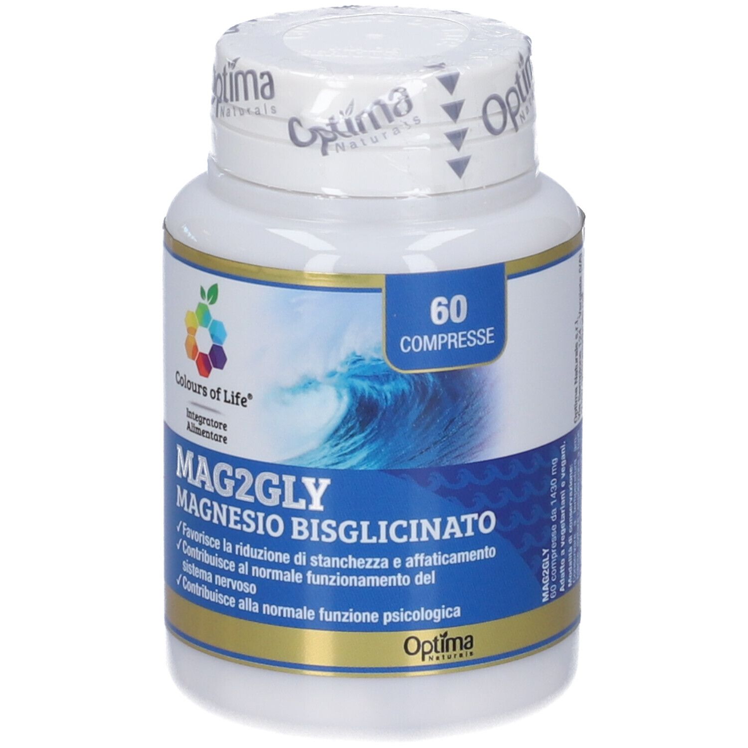 Contenitore di Magnesio Bisglicinato MAG2GLY con 60 compresse e motivo a onda.