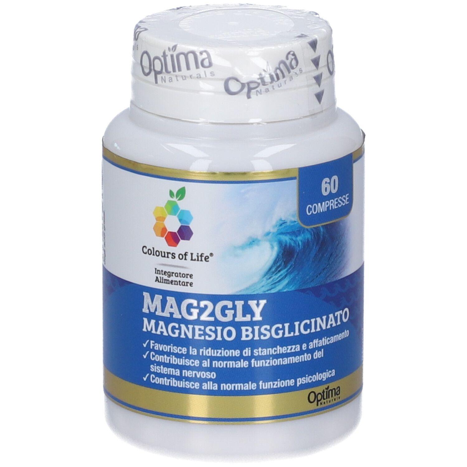 Flacone di Magnesio Bisglicinato MAG2GLY, fronte con immagine a onda e 60 compresse.