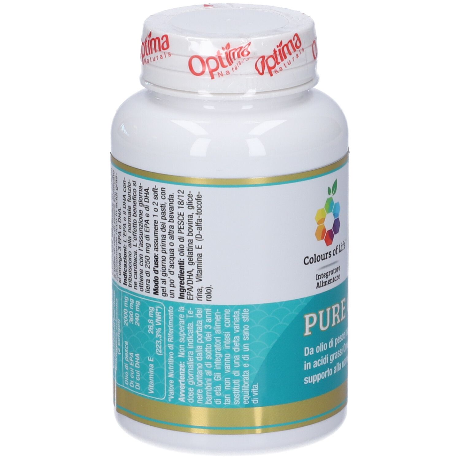 Retro di un flacone bianco da 60 softgel Pure Omega-3, con informazioni dettagliate sul prodotto.