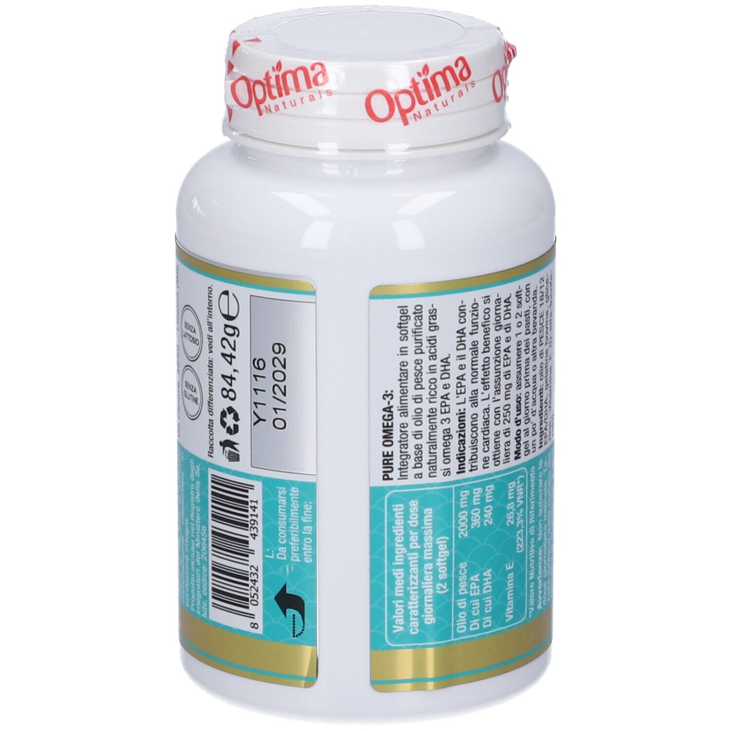 Retro di un flacone bianco da 60 softgel Pure Omega-3, con data di scadenza e codice a barre.
