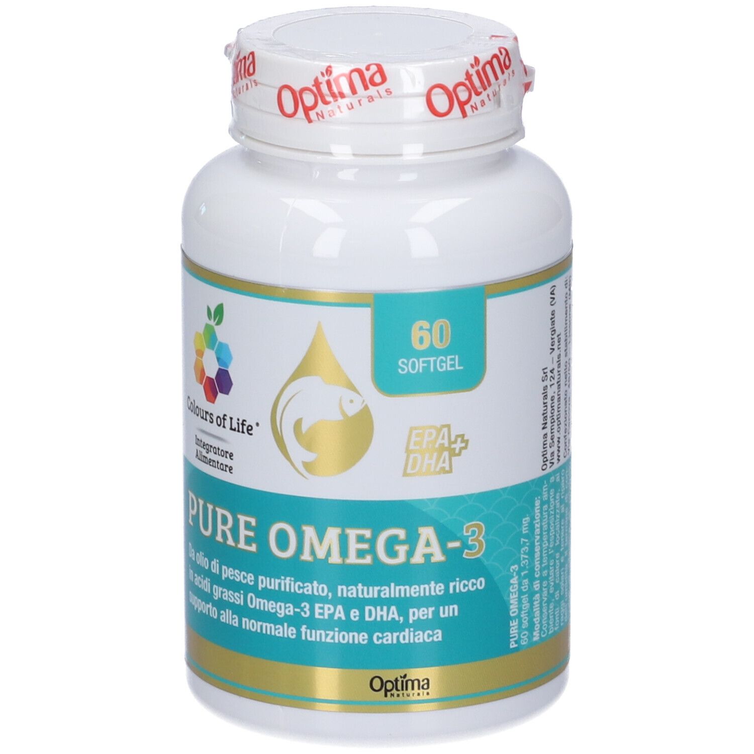 Flacone bianco da 60 softgel Pure Omega-3, marca Colours of Life, con simbolo di pesce e goccia.