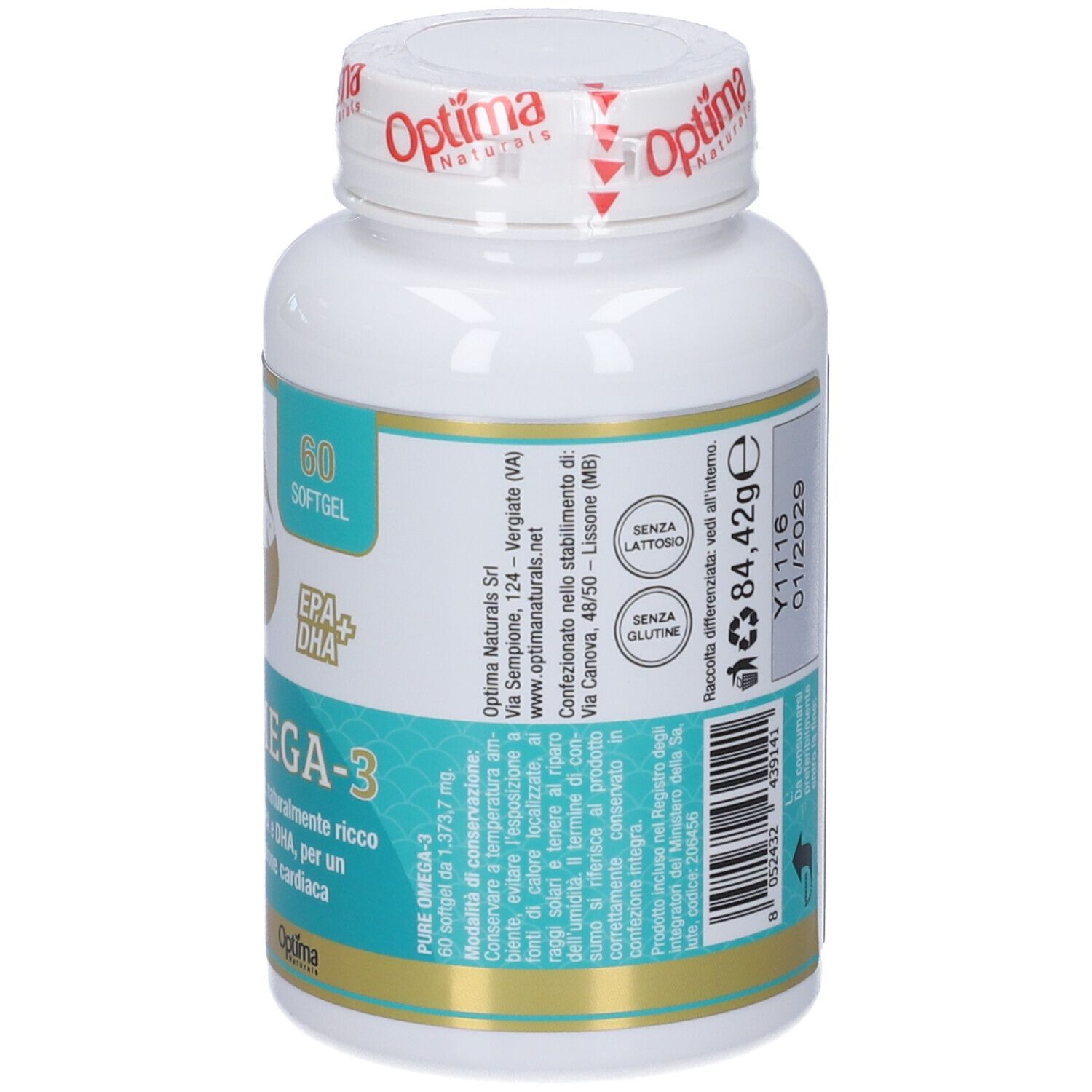 Retro di un flacone bianco da 60 softgel Pure Omega-3, con informazioni su ingredienti e produttore.