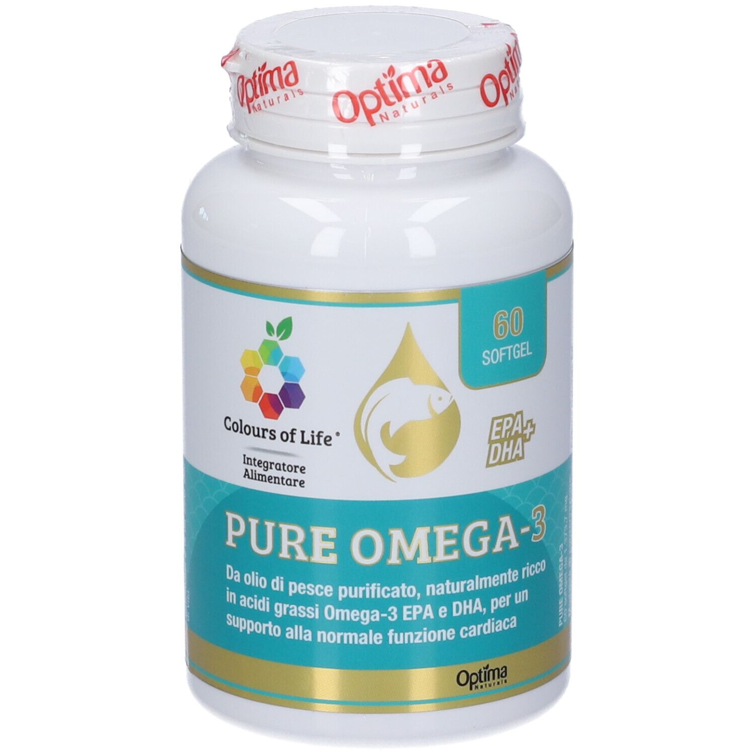 Flacone bianco da 60 softgel Pure Omega-3, marca Colours of Life, con sigillo e informazioni.