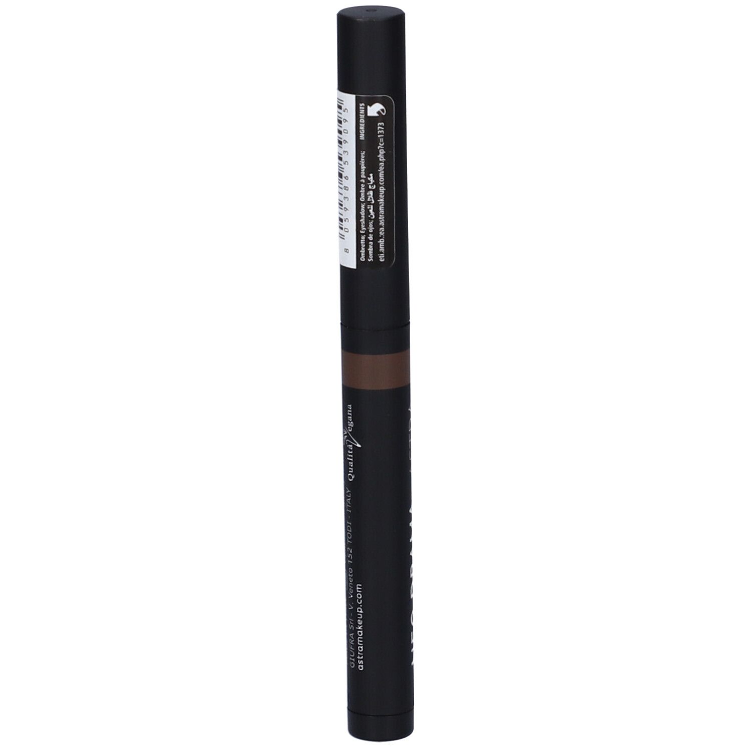 Stick ombretto marrone. Astuccio nero con informazioni sul prodotto. Scritta: Quality/Qualité. Codice a barre e altre informazioni.