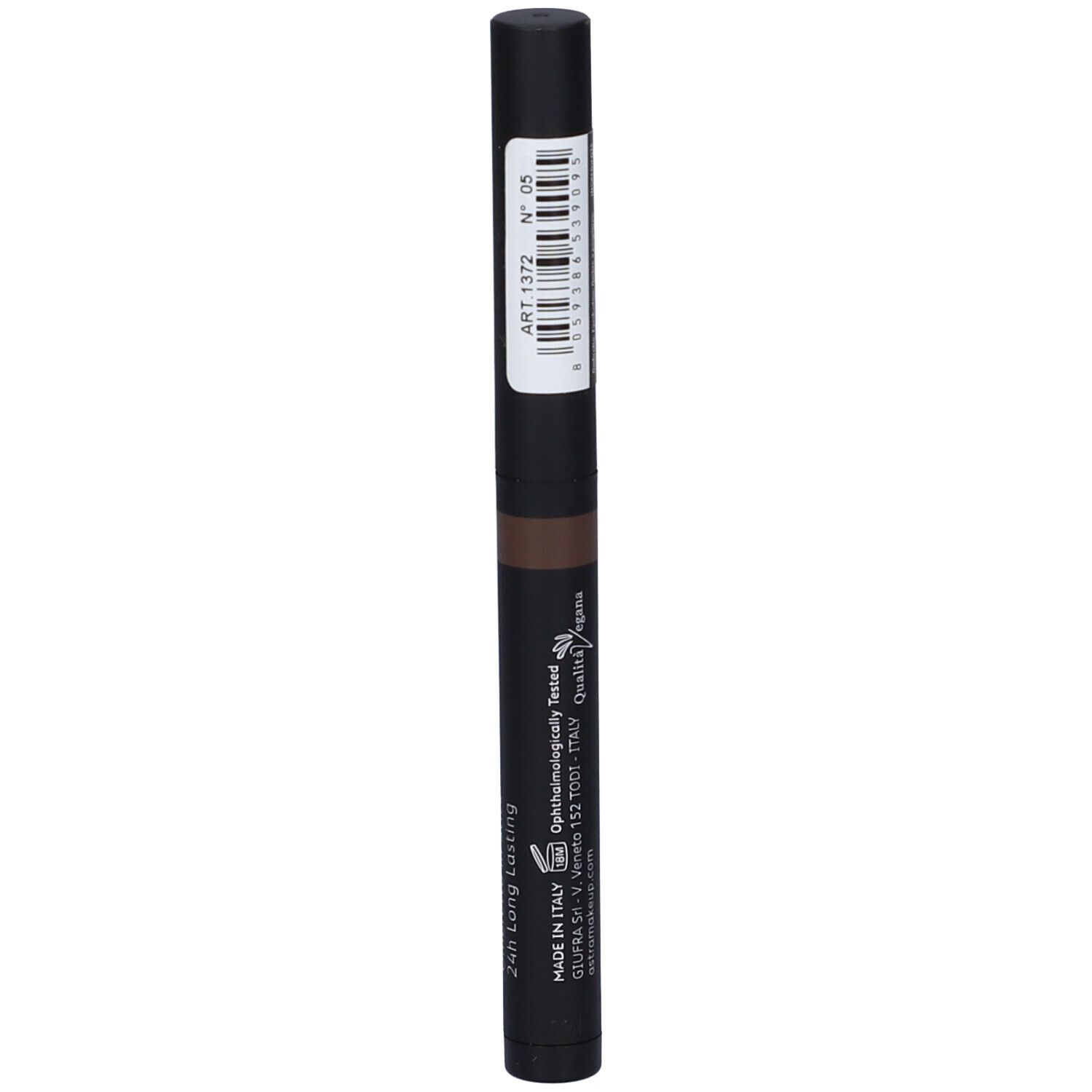 Stick ombretto marrone. Astuccio nero con informazioni sul prodotto. Scritta: ART 1372 N° 05. Made in Italy. Codice a barre.