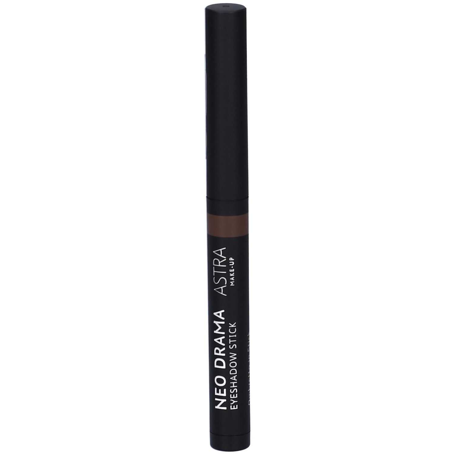 Stick ombretto marrone ASTRA MAKE-UP. Astuccio nero con nome del prodotto. Scritta: NEO DRAMA EYESHADOW STICK.