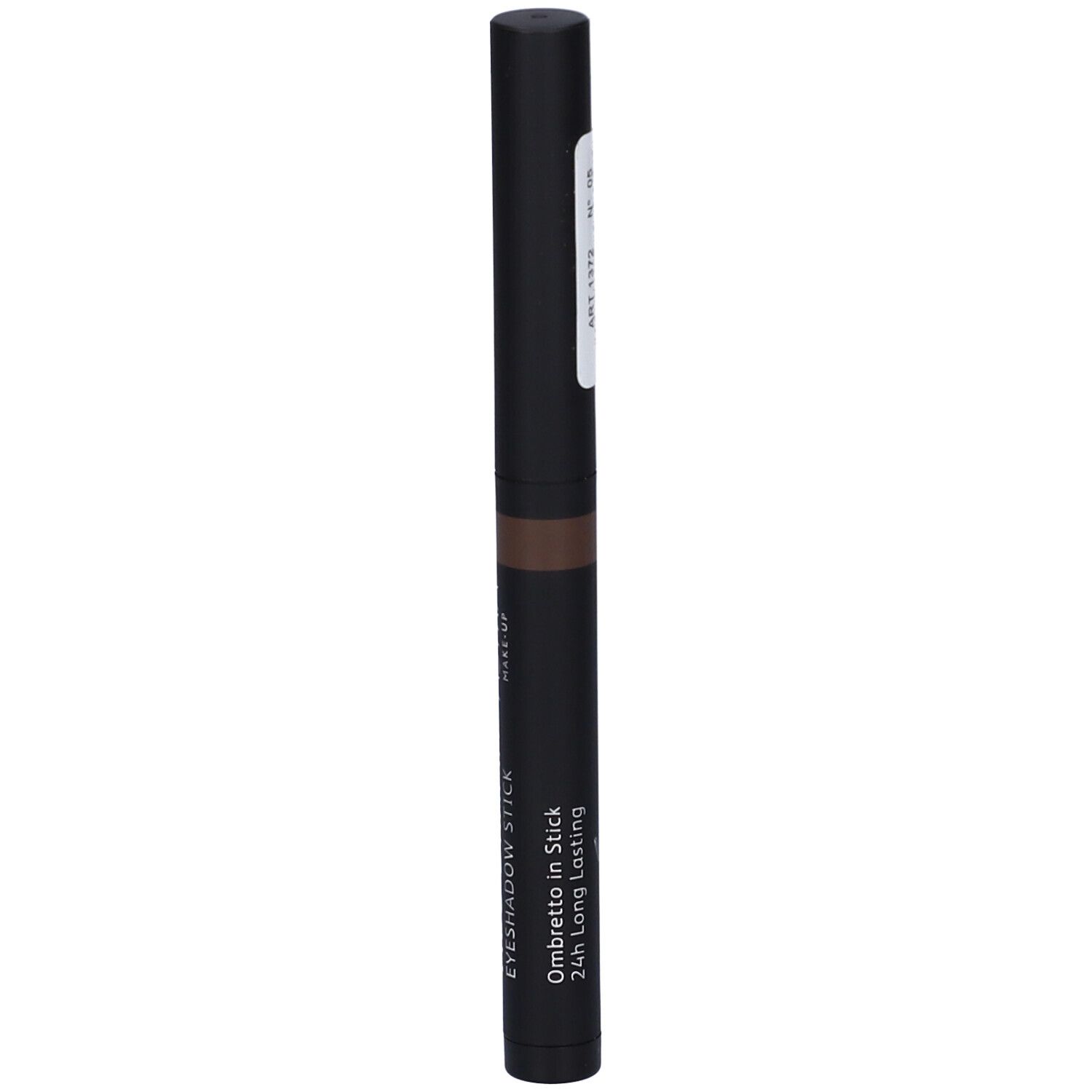 Stick ombretto marrone. Astuccio nero con nome del prodotto. Scritta: EYESHADOW STICK Ombretto in Stick 24h Long Lasting.