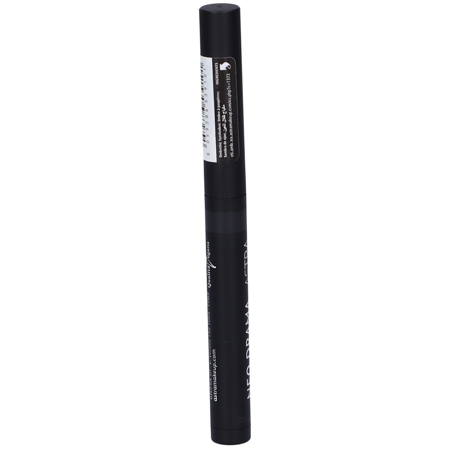 Stick ombretto nero. Scritta: NEO DRAMA EYESHADOW STICK. Codice a barre e informazioni sul'etichetta.