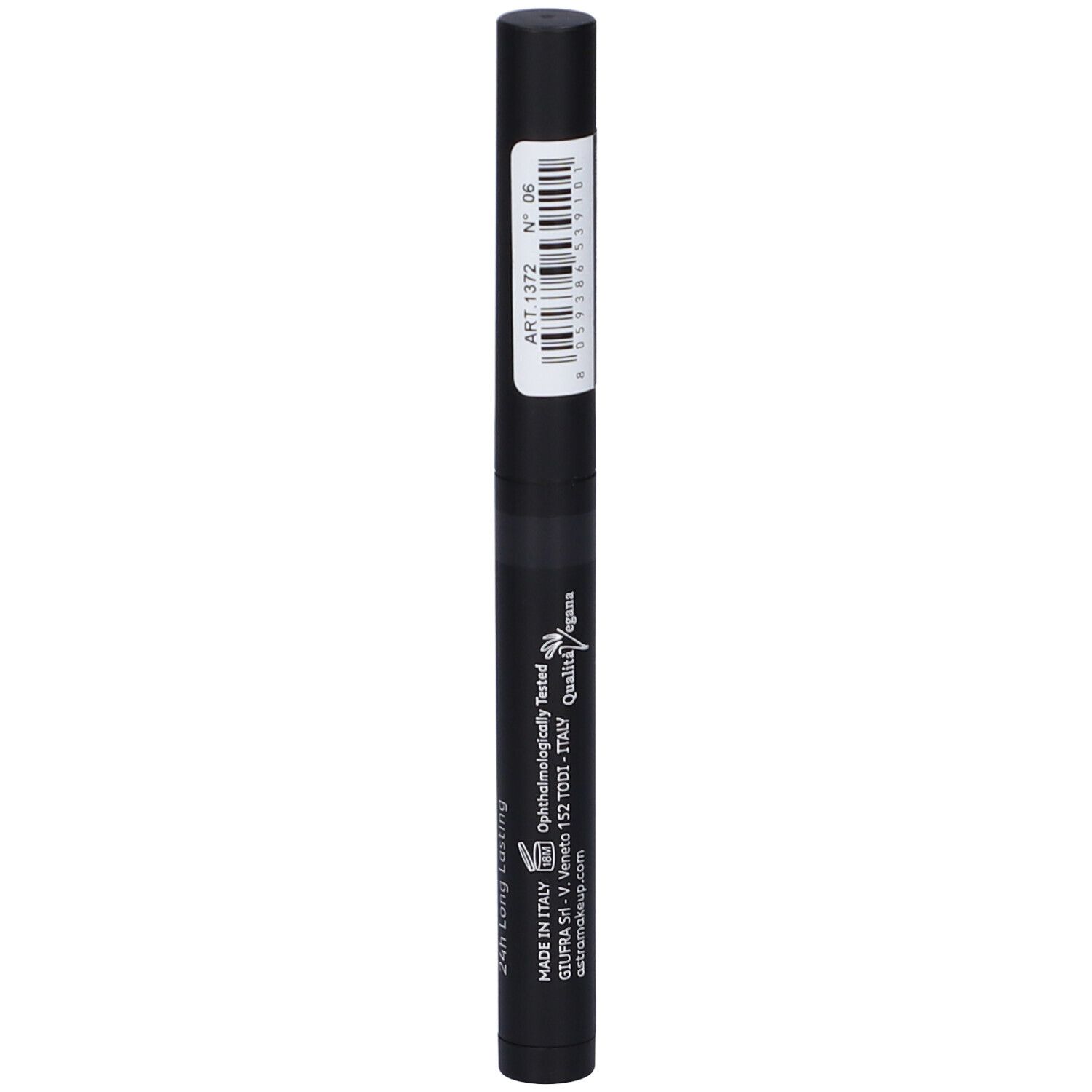 Stick ombretto nero. Scritta: ART 1372, MADE IN ITALY. Codice a barre e informazioni sull'etichetta.