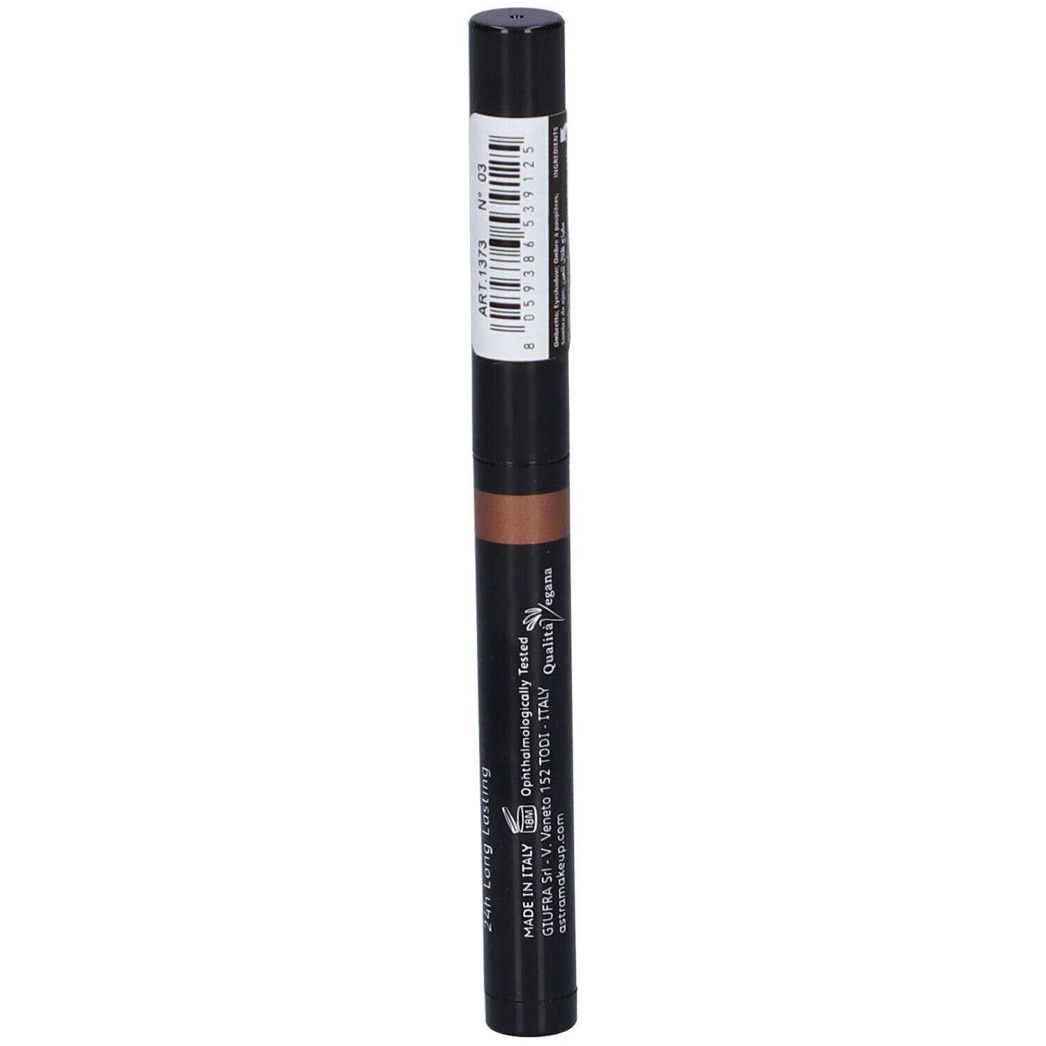 Matita ombretto marrone con cappuccio nero. Marca: Astra Make-Up. Nome prodotto: Neo Drama Eyeshadow Stick. Stampe.