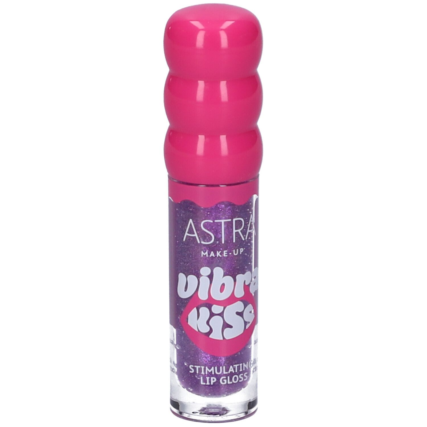 Lucidalabbra Astra Make-Up Vibrakiss. Contenuto viola, tappo rosa. Scritta: Vibrakiss, Stimulating Lip Gloss.