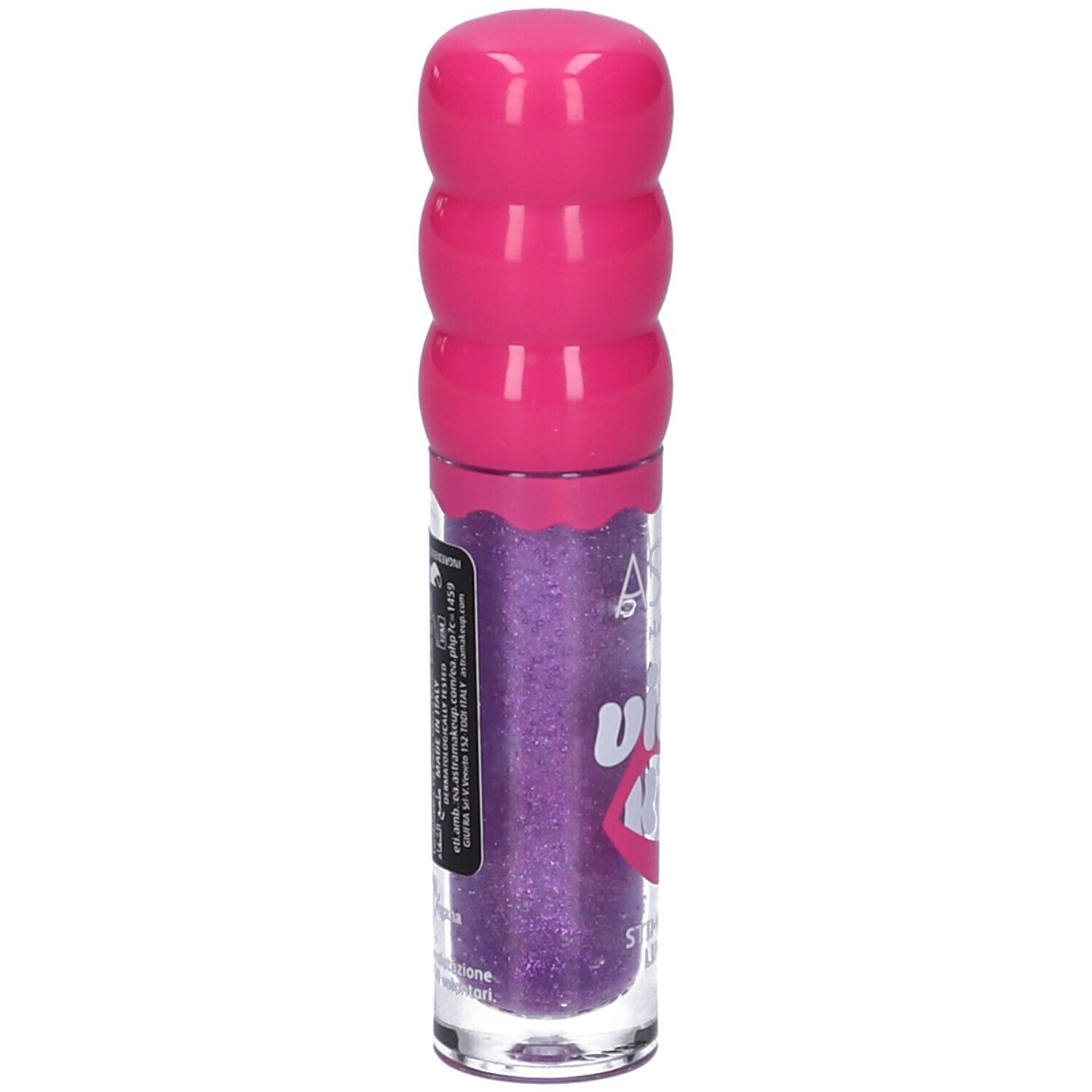 Lucidalabbra Astra Make-Up Vibrakiss. Contenuto viola, tappo rosa. Scritta: Vibrakiss, Stimulating Lip Gloss. Retro con testo.