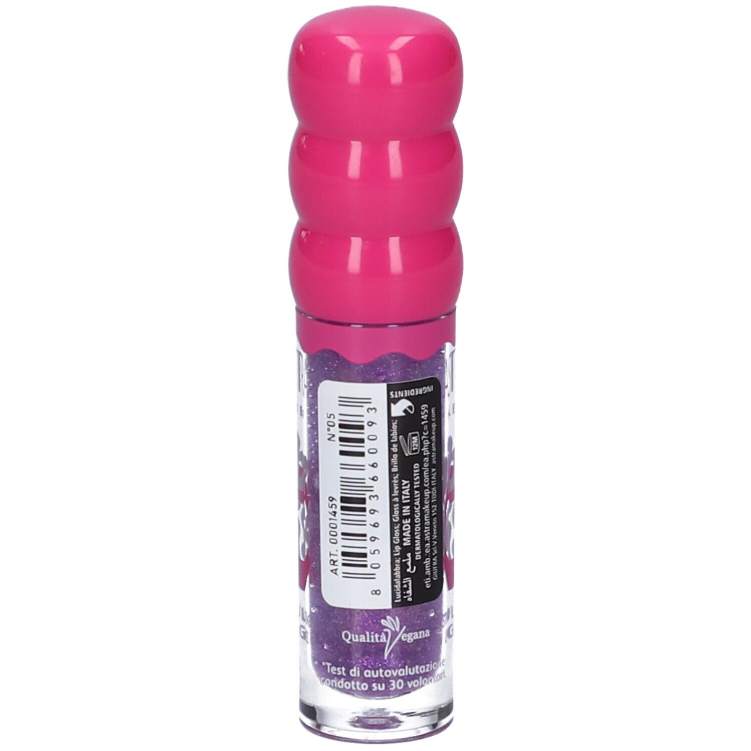 Lucidalabbra Astra Make-Up Vibrakiss. Contenuto viola, tappo rosa. Scritta: Vibrakiss, Stimulating Lip Gloss. Retro con testo.