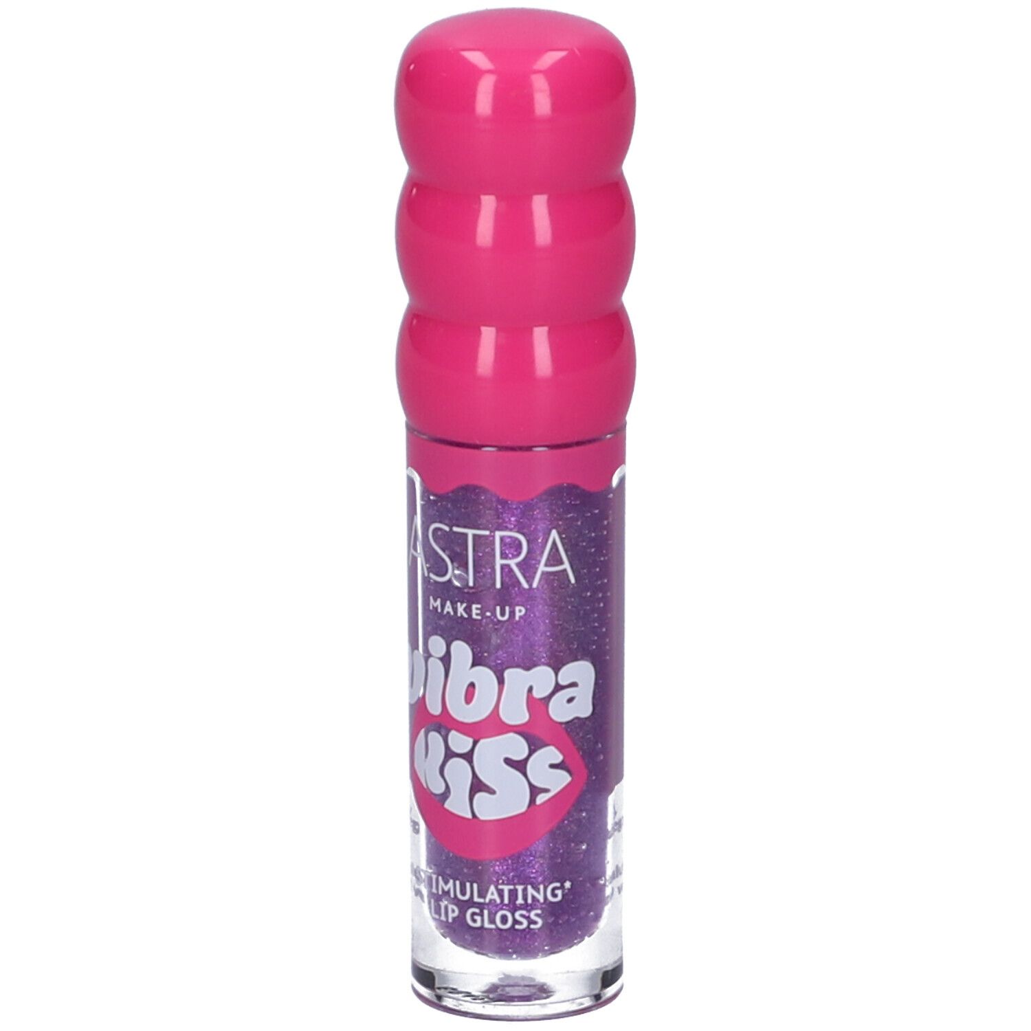Lucidalabbra Astra Make-Up Vibrakiss. Contenuto viola, tappo rosa. Scritta: Vibrakiss, Stimulating Lip Gloss.