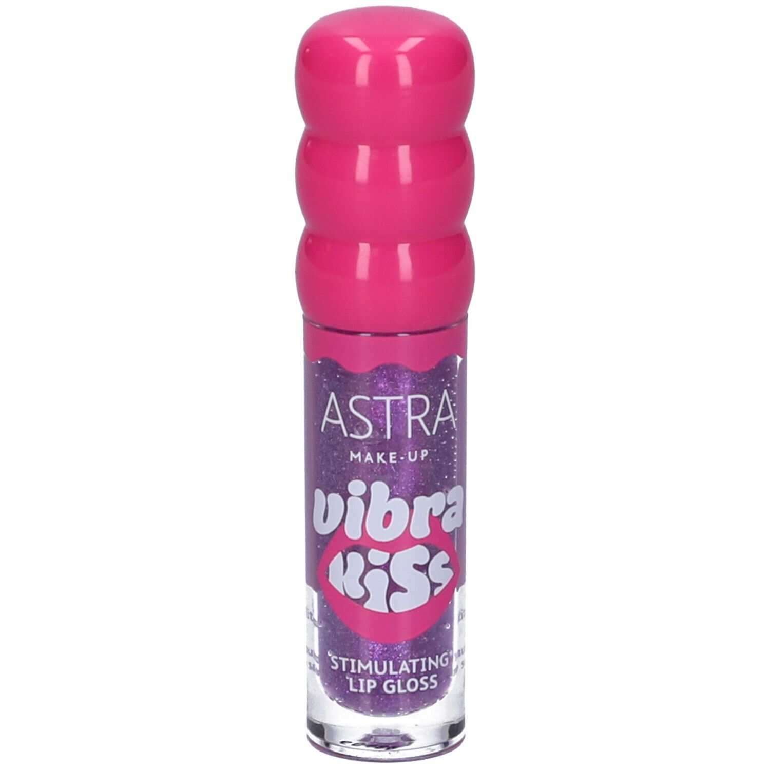 Lucidalabbra Astra Make-Up Vibrakiss. Contenuto viola, tappo rosa. Scritta: Vibrakiss, Stimulating Lip Gloss.