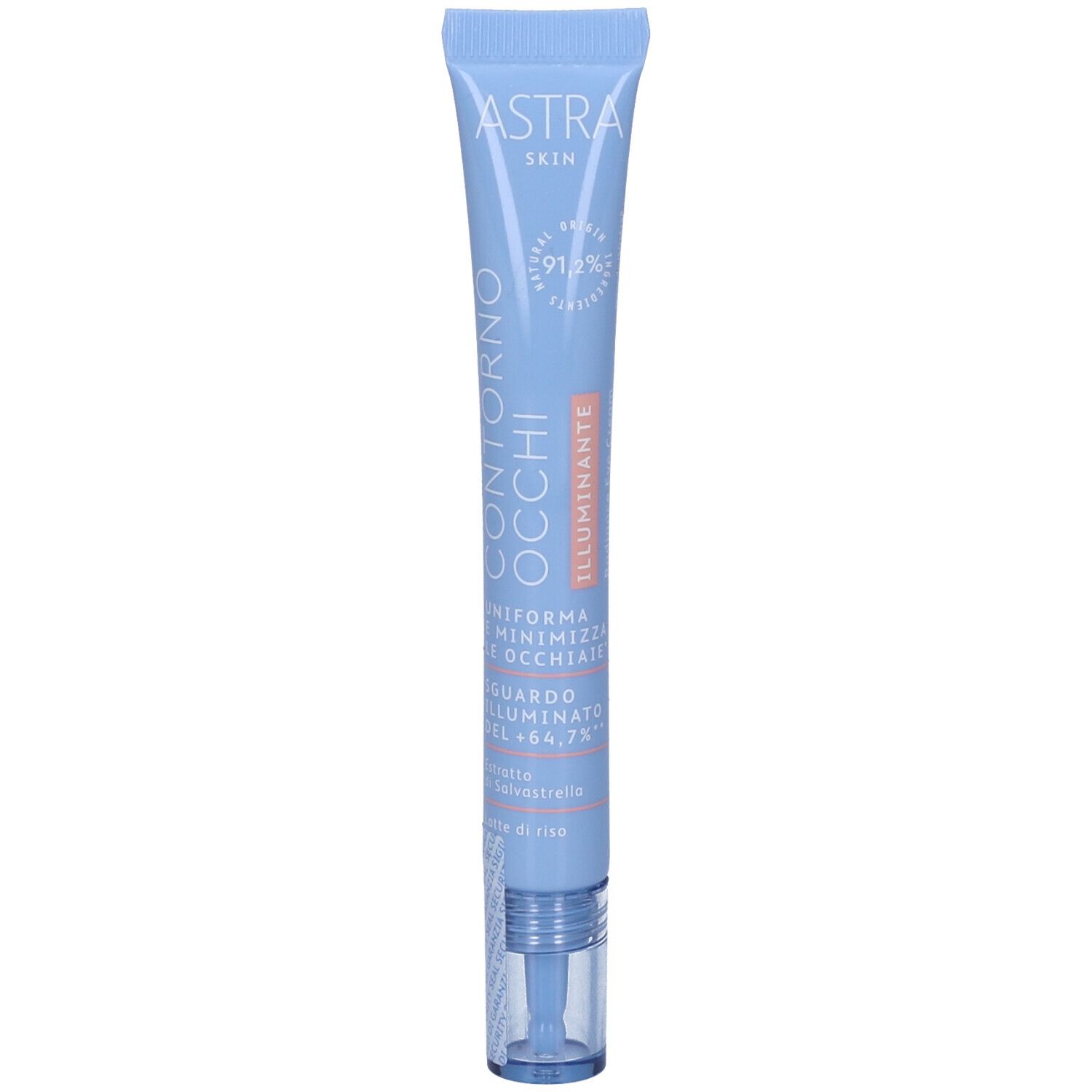 Tubo blu e bianco con nome e testo del prodotto. Include un applicatore. Marchio: ASTRA SKIN. Testo: Contorno Occhi Illuminante.
