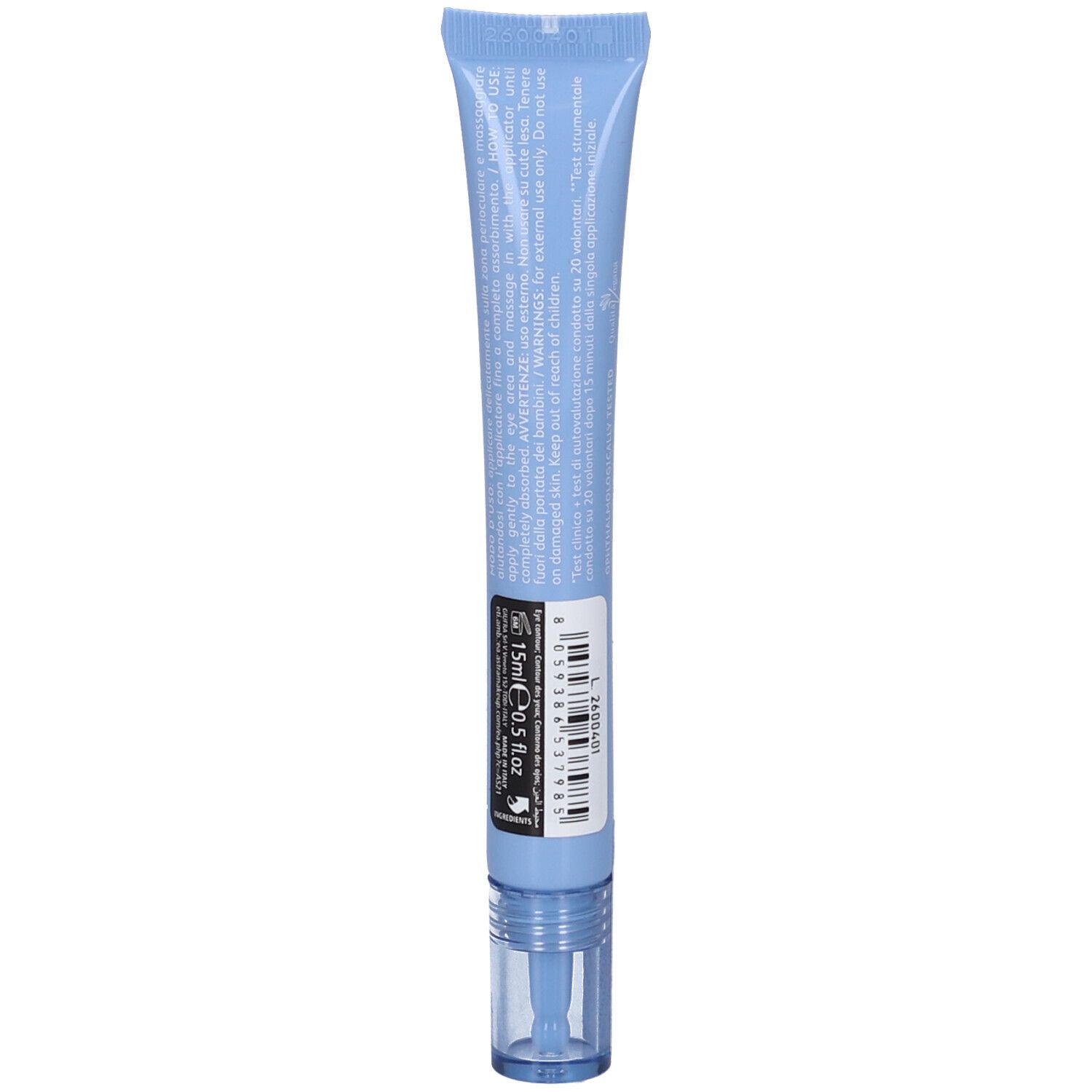 Retro di un tubo blu. Contiene testo e codice a barre. Marchio: ASTRA. Volume: 15ml + 0.5 fl.oz.