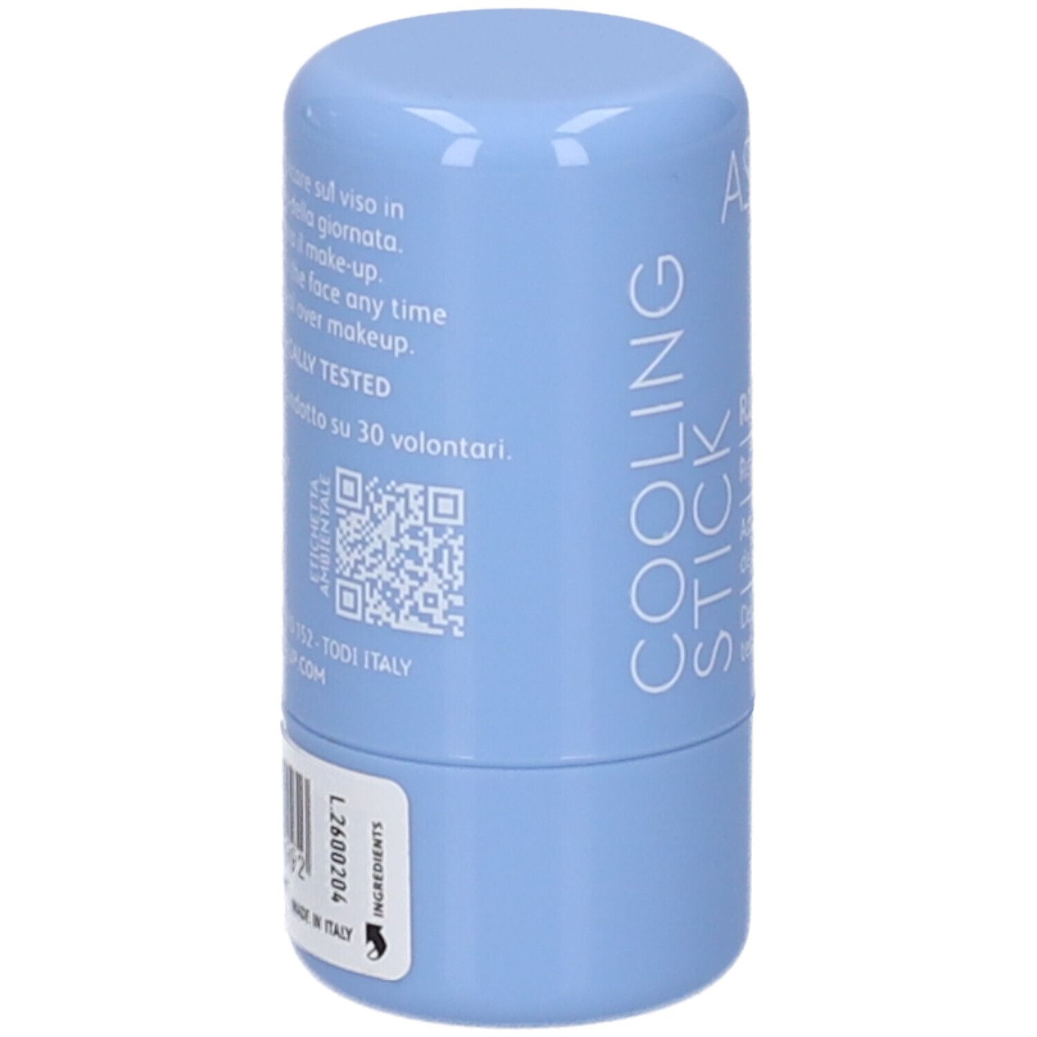 Stick rinfrescante blu. Sul contenitore sono presenti informazioni sul prodotto e un codice QR.