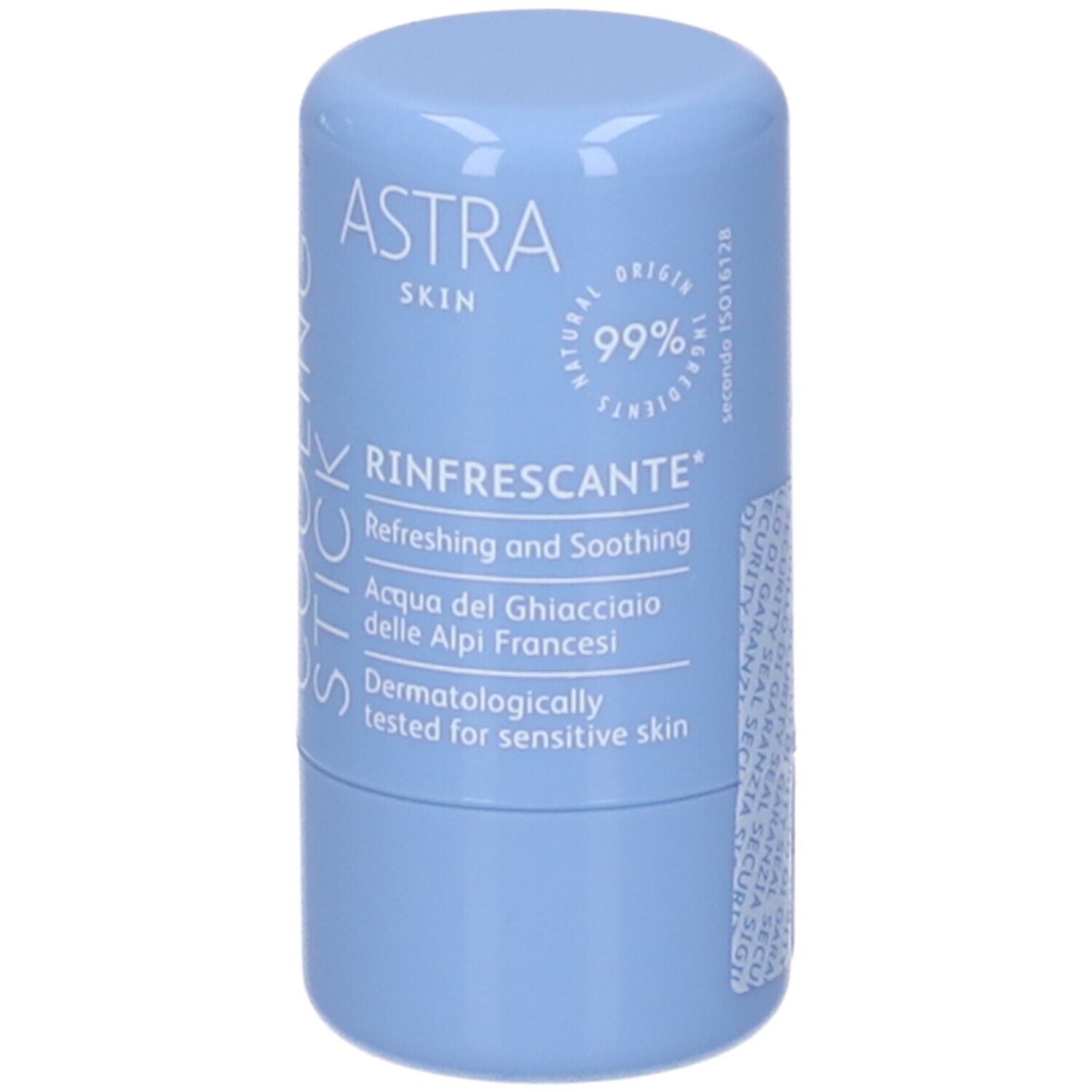 Stick rinfrescante blu. Sul contenitore è scritto ASTRA SKIN COOLING STICK e RINFRESCANTE.