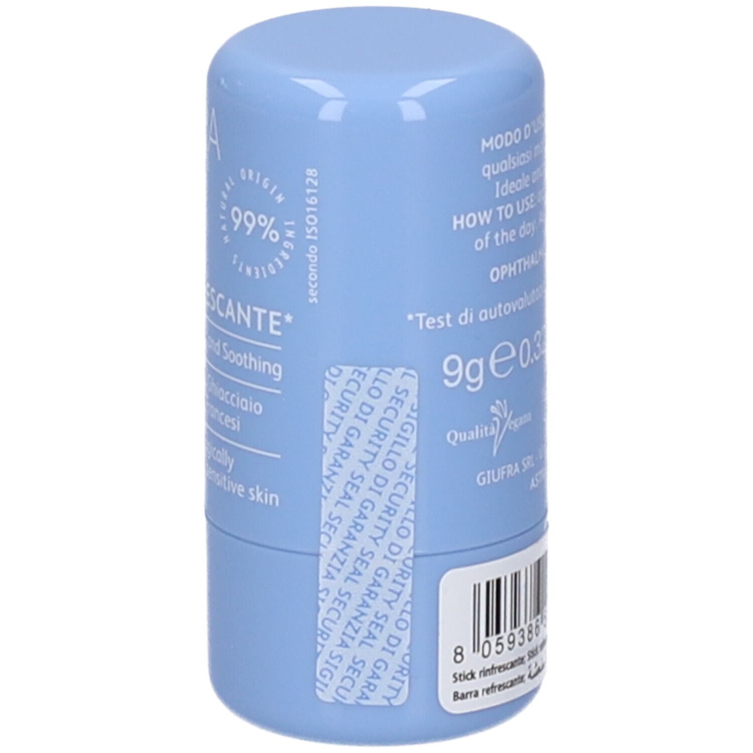 Stick rinfrescante blu. Sul contenitore è presente un sigillo di garanzia.