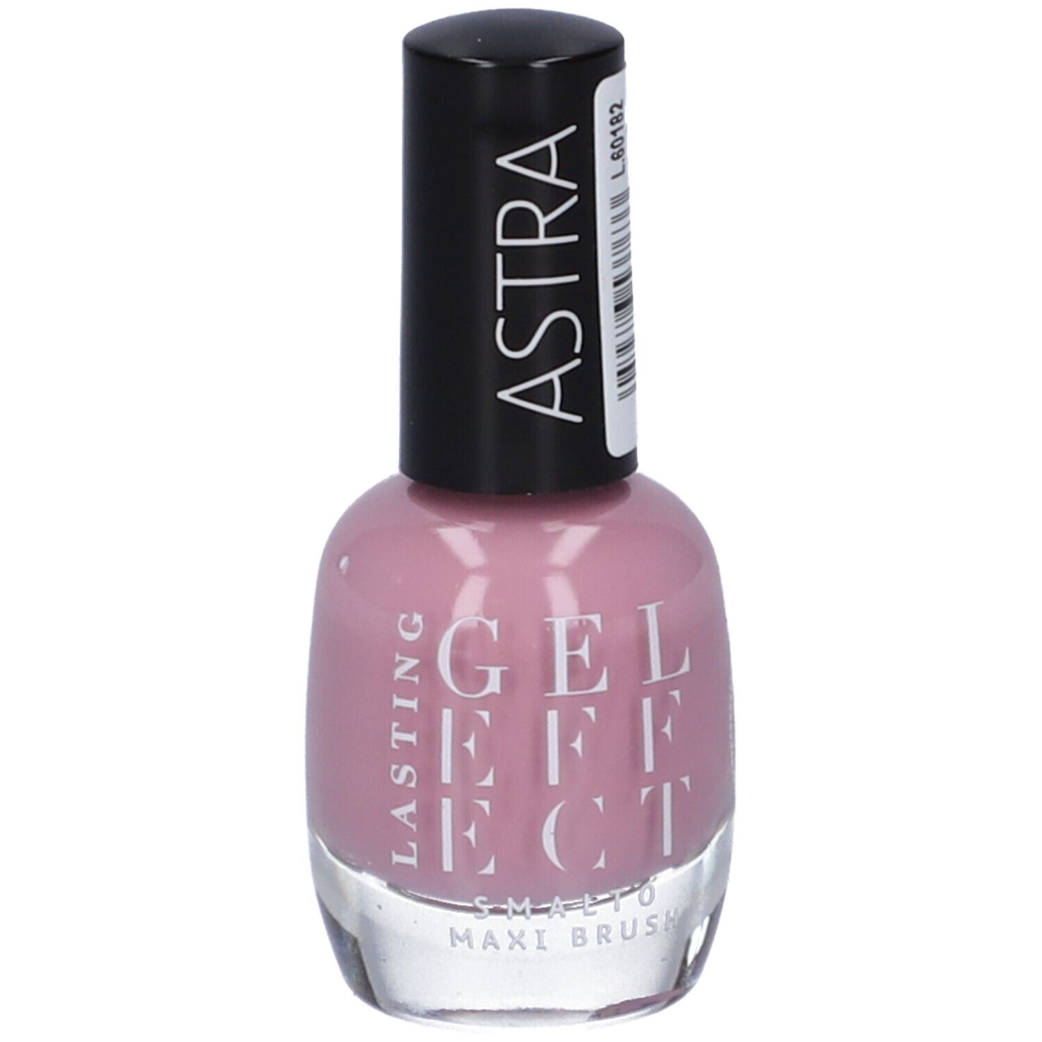 Flacone di smalto rosa. Tappo nero con scritta ASTRA bianca. Scritta: LASTING GEL EFFECT.