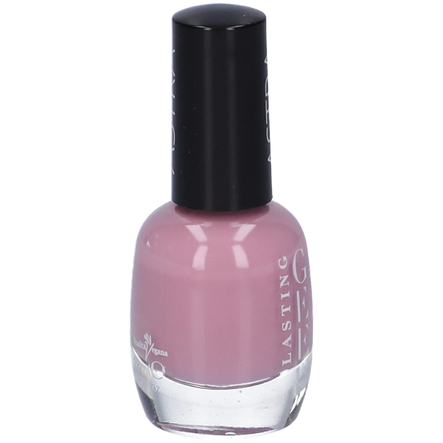 Flacone di smalto rosa. Tappo nero con scritta ASTRA bianca. Scritta: LASTING GEL EFFECT.