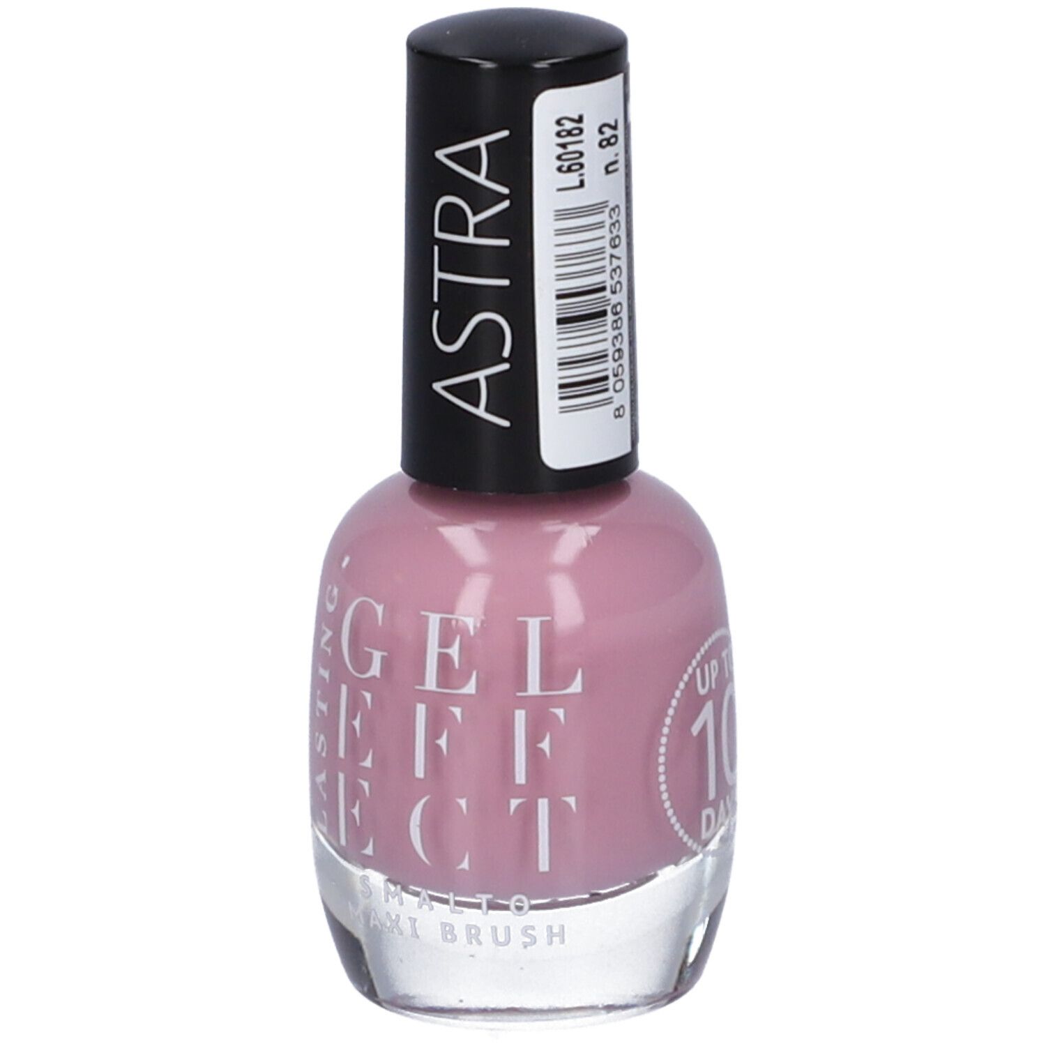 Flacone di smalto rosa. Tappo nero con scritta ASTRA bianca. Scritta: LASTING GEL EFFECT.