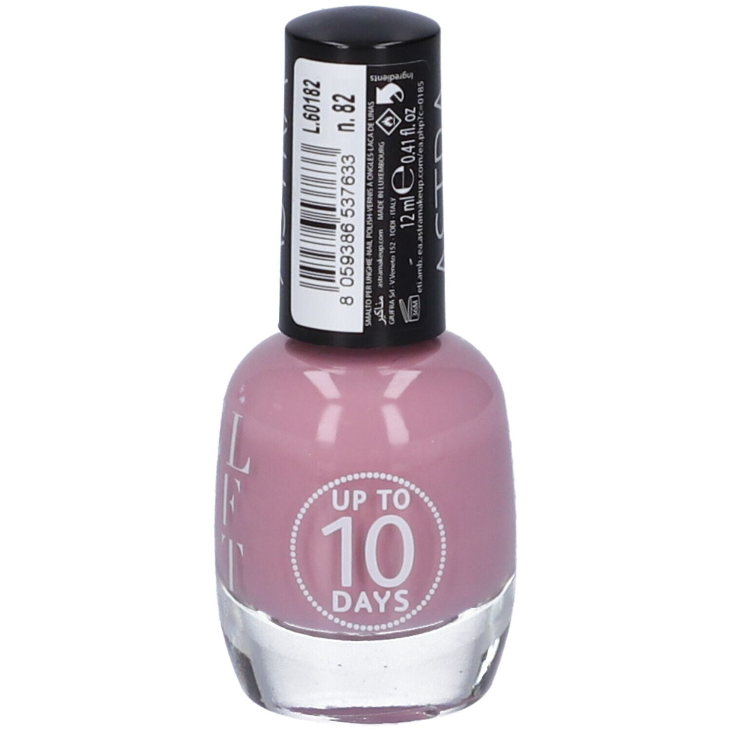 Flacone di smalto rosa. Tappo nero con scritta ASTRA bianca. Scritta: LASTING GEL EFFECT.