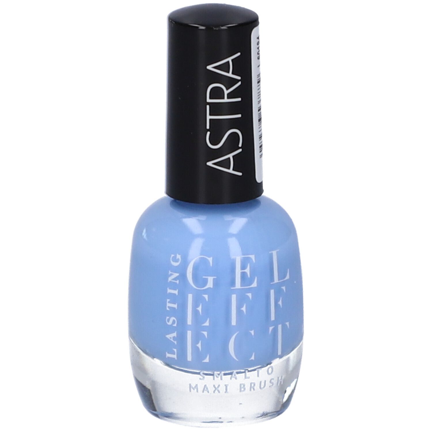 Flacone di smalto azzurro chiaro con tappo nero. Scritta: ASTRA, GEL EFFECT, SMALTO MAXI BRUSH. Etichetta.