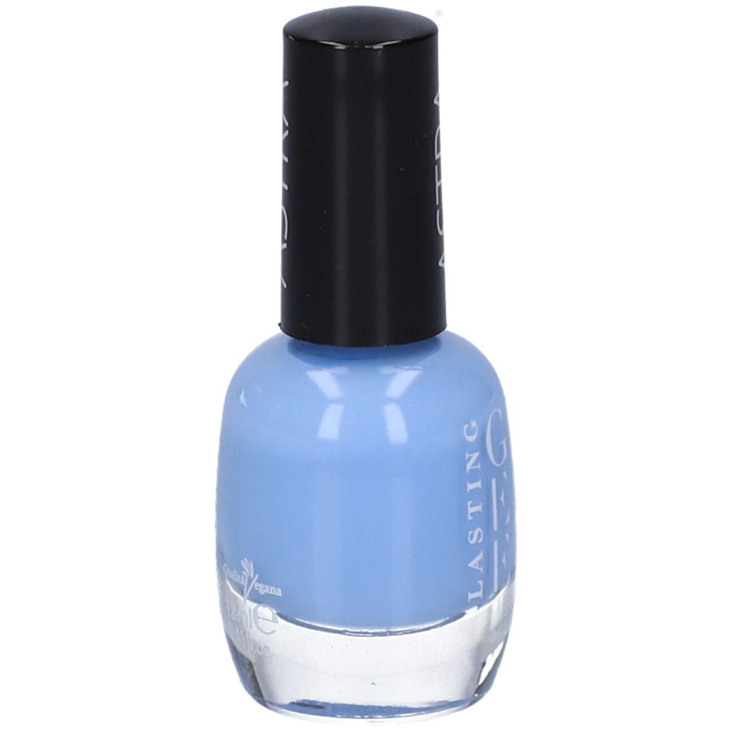 Flacone di smalto azzurro chiaro con tappo nero. Scritta: ASTRA, GEL EFFECT, LASTING.