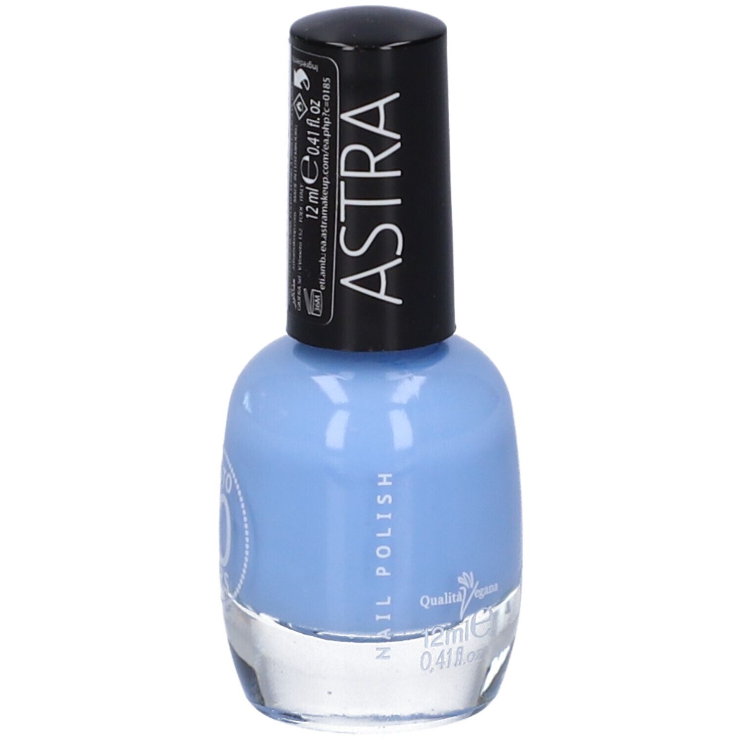 Flacone di smalto azzurro chiaro con tappo nero. Scritta: ASTRA, NAIL POLISH, 12ml 0.41 fl oz. Etichetta.