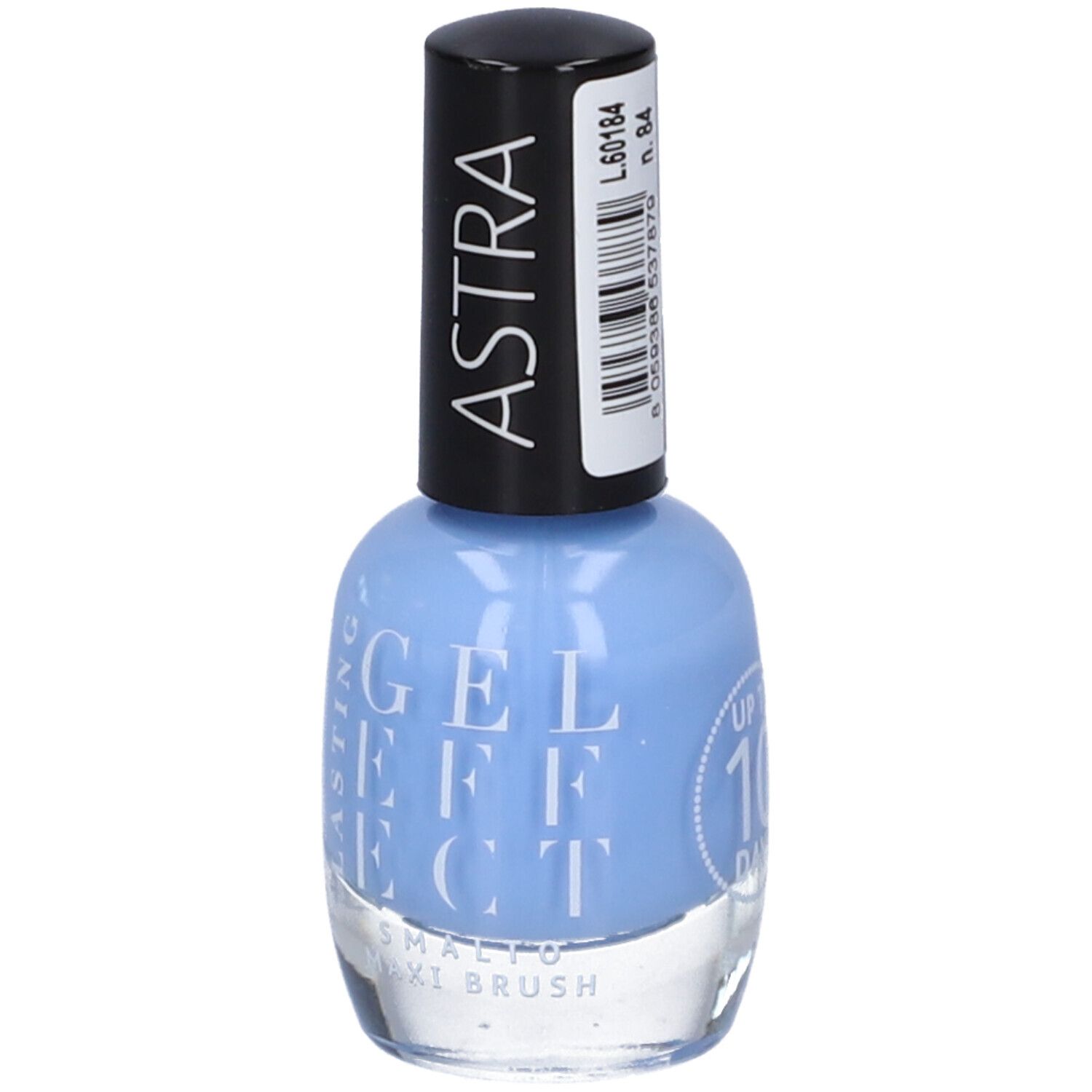 Flacone di smalto azzurro chiaro con tappo nero. Scritta: ASTRA, GEL EFFECT, UP TO 10 DAYS. Etichetta.
