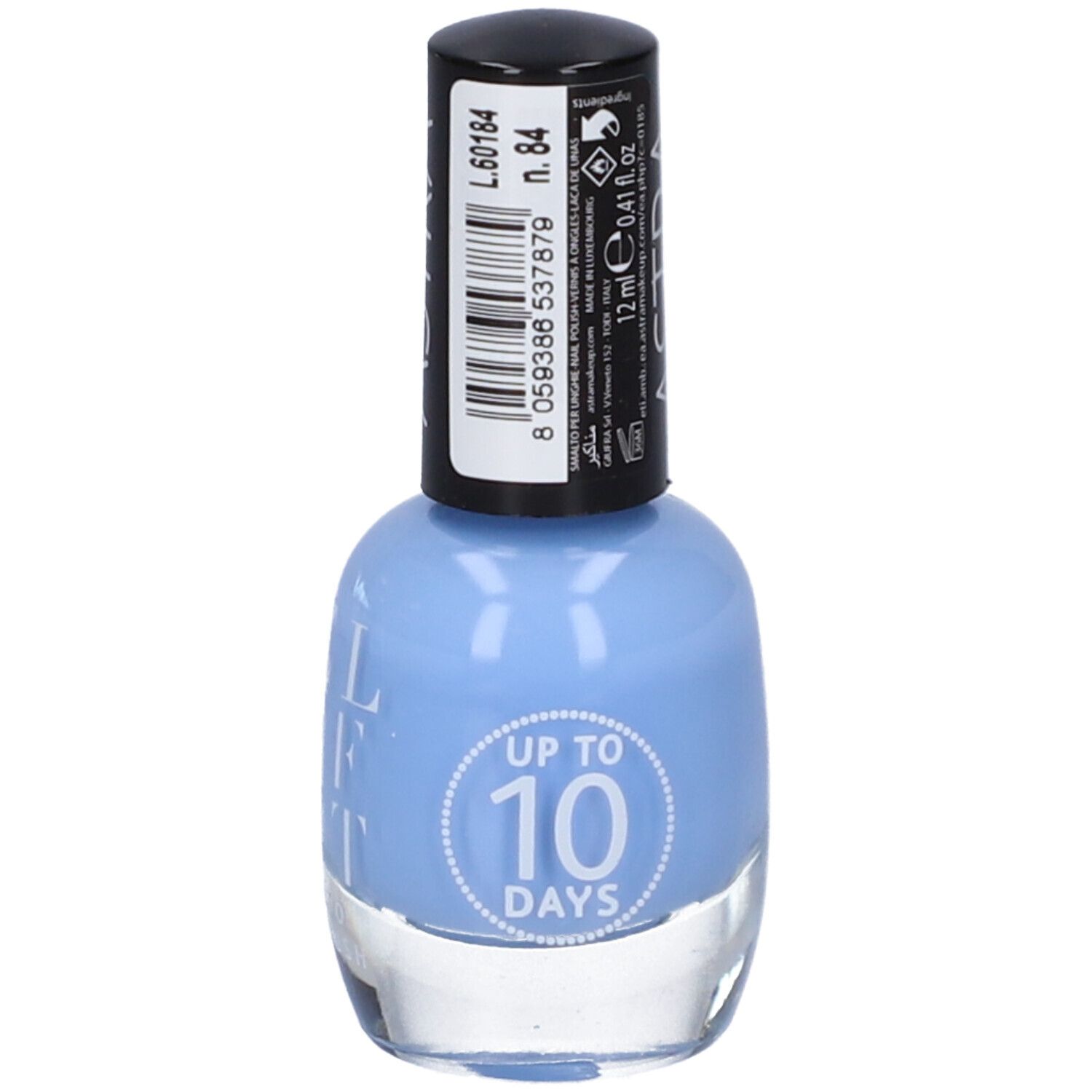 Flacone di smalto azzurro chiaro con tappo nero. Scritta: ASTRA, GEL EFFECT, UP TO 10 DAYS. Etichetta.