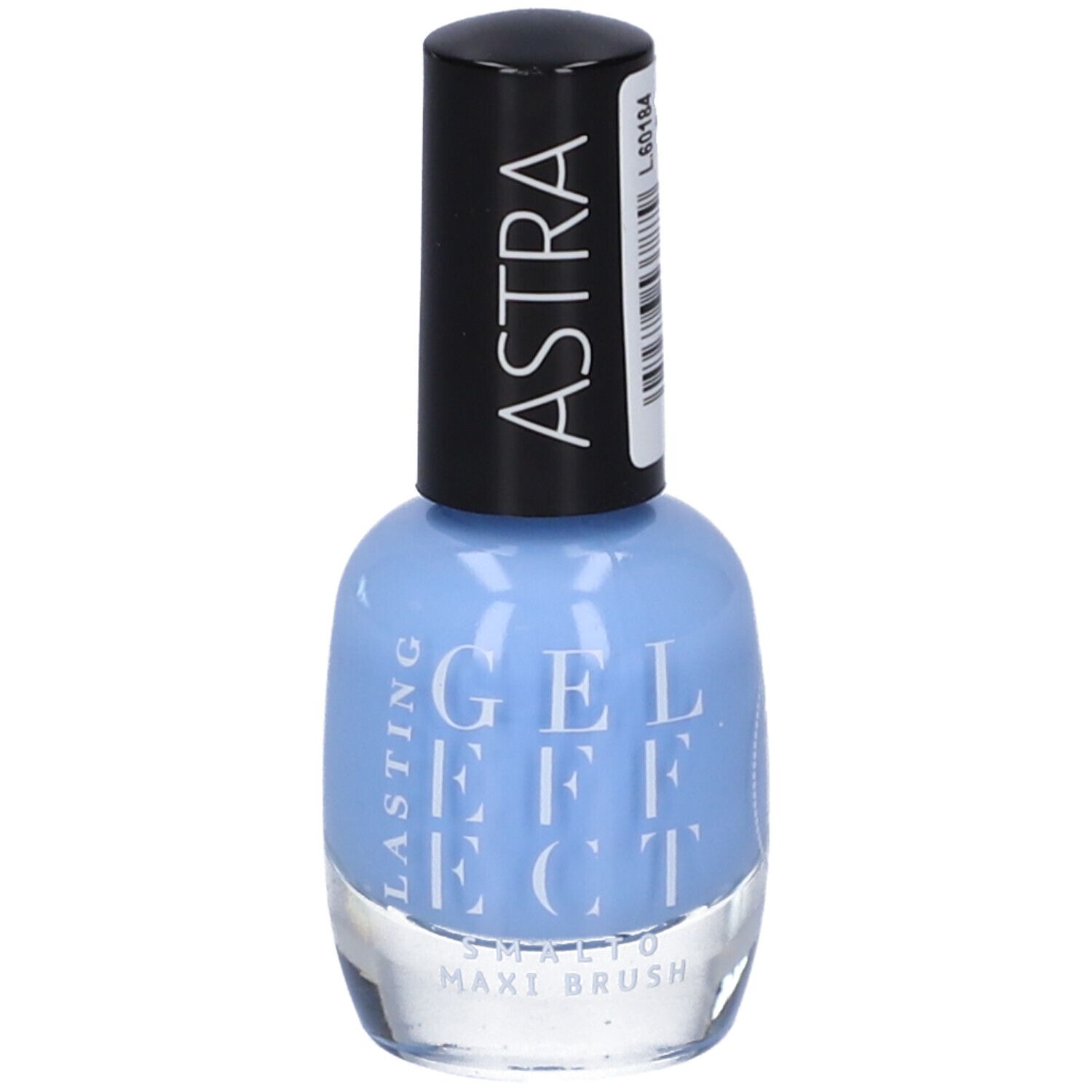 Flacone di smalto azzurro chiaro con tappo nero. Scritta: ASTRA, LASTING GEL EFFECT, SMALTO MAXI BRUSH.