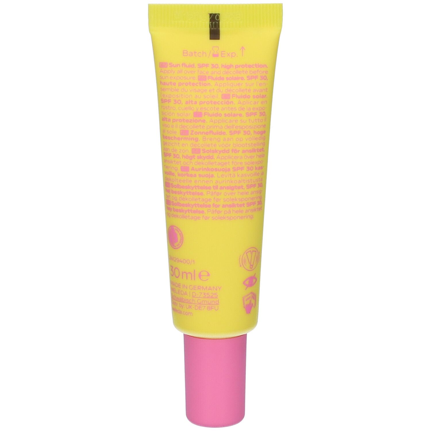 Retro del tubo giallo con tappo rosa. Testo multilingue. Scritta: 30 ml, Mineral Sunscreen.