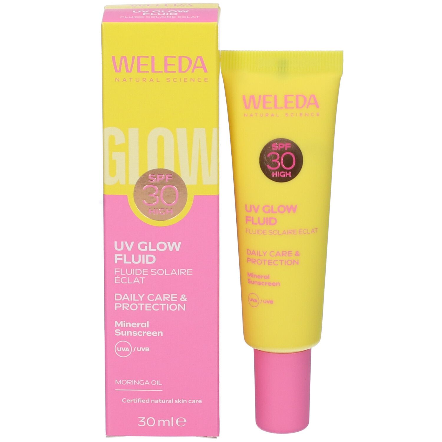 Prodotto e confezione. Tubo giallo e scatola rosa. Scritta: Weleda, Glow, SPF 30, UV Glow Fluid, 30 ml.