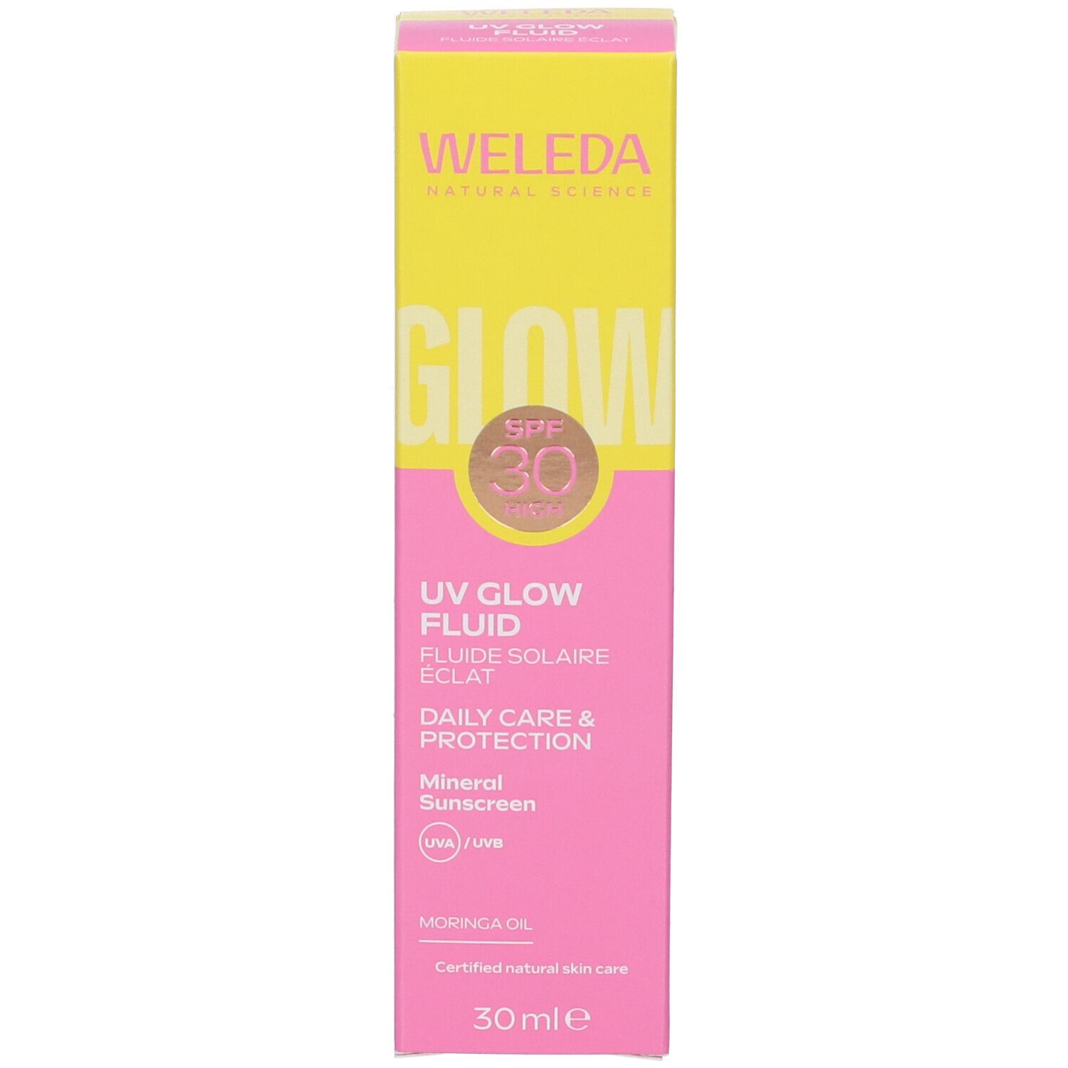 Scatola rosa con elementi gialli. Scritta: Weleda, Glow, SPF 30, UV Glow Fluid, Daily Care & Protection, 30 ml.