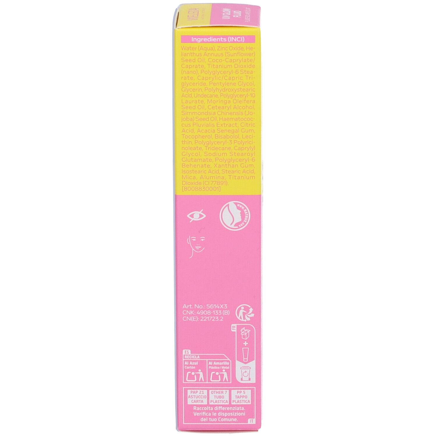 Retro della scatola rosa. Testo multilingue. Scritta: Ingredienti, Rif., Numero di lotto, pittogrammi.