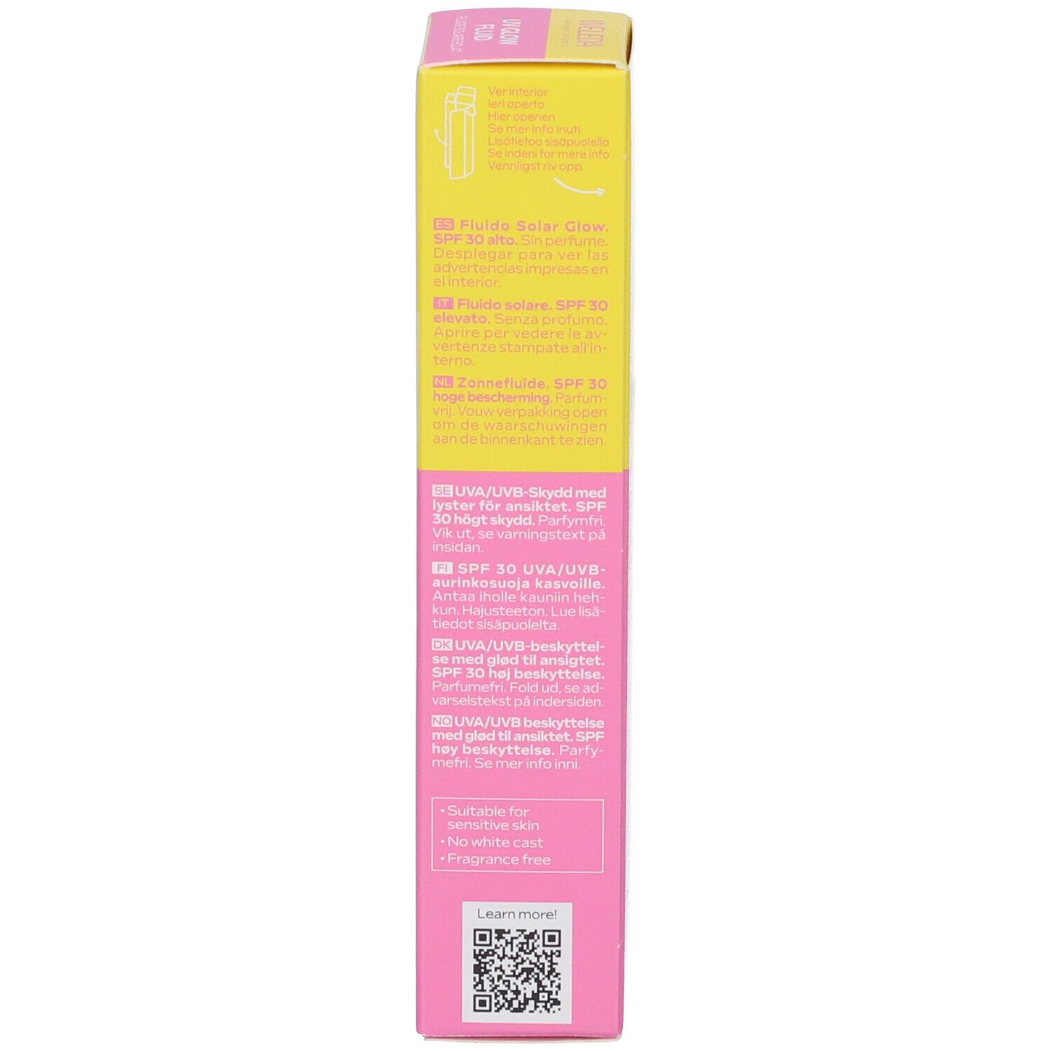 Lato della scatola rosa. Testo multilingue. Scritta: Fluide Solaire Glow, SPF 30, UVA/UVB, Learn more!