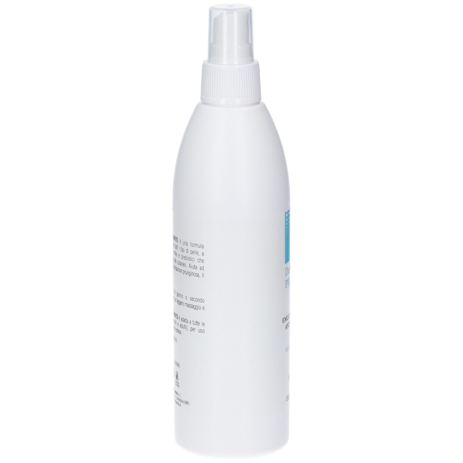 Retro di un flacone spray bianco con descrizione del prodotto in italiano.