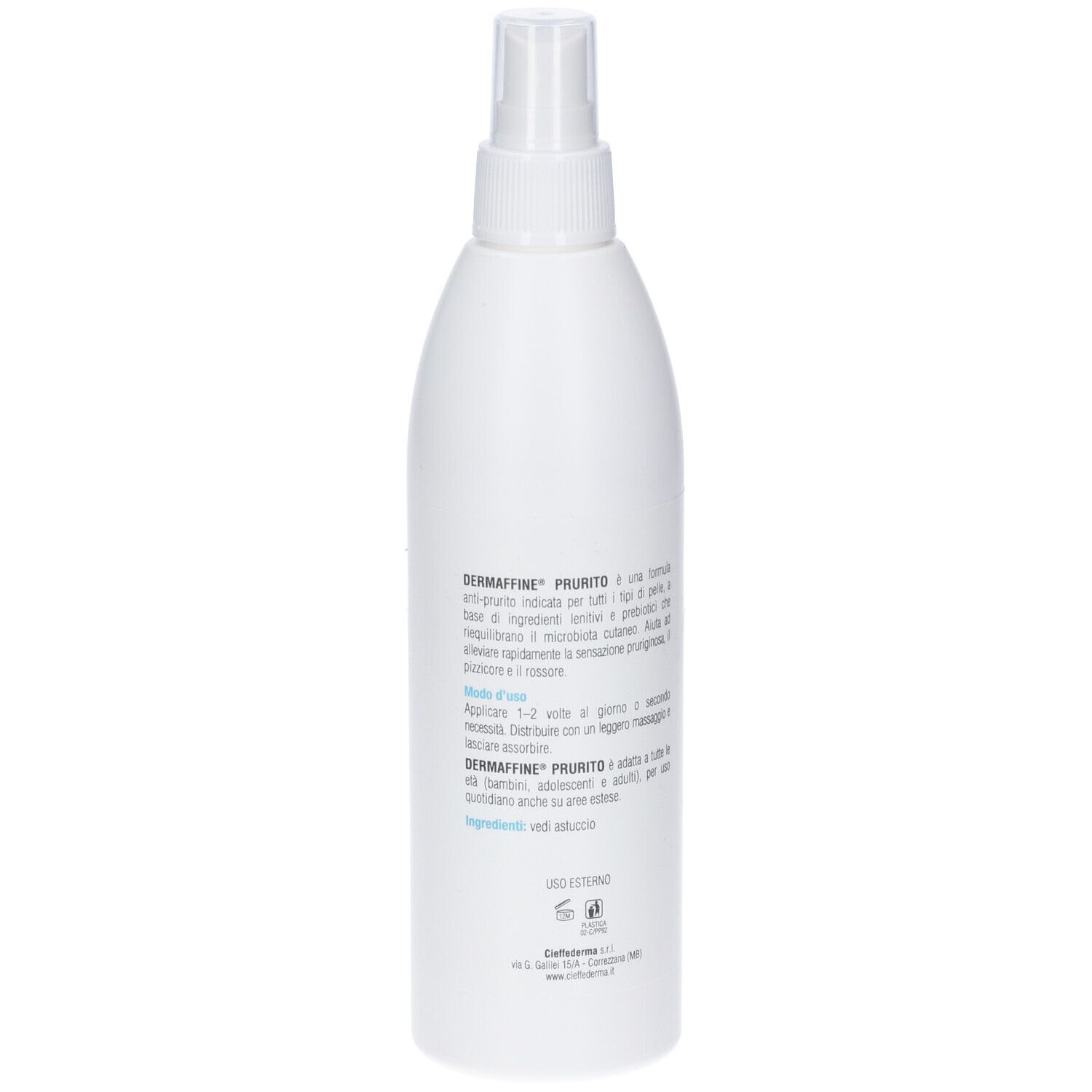 Retro di un flacone spray bianco con descrizione del prodotto e ingredienti in italiano.