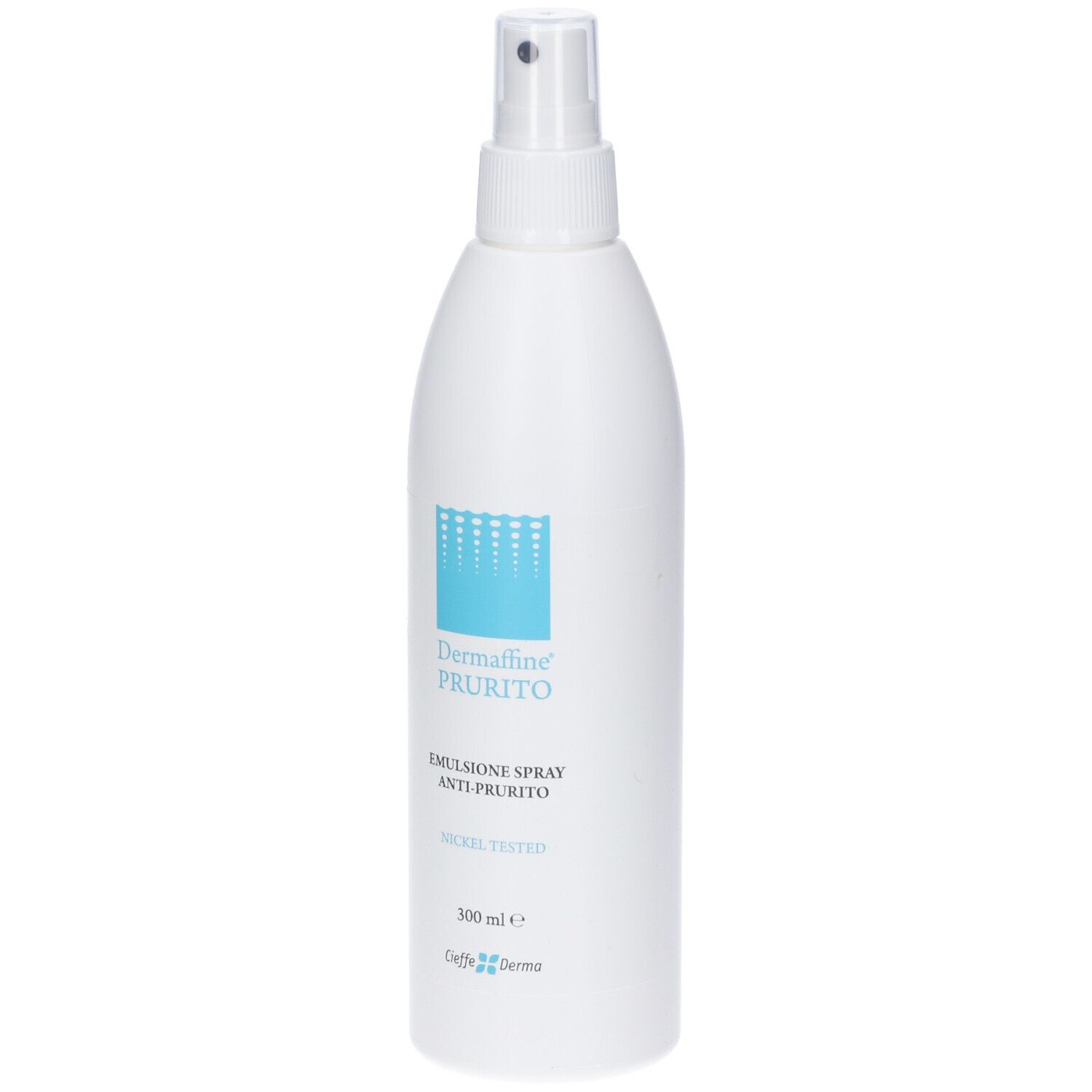 Flacone spray bianco con etichetta blu, Dermaffine PRURITO Emulsione Spray.