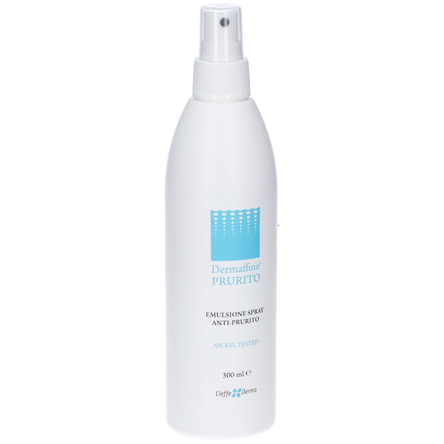 Flacone spray bianco con etichetta blu, Dermaffine PRURITO Emulsione Spray.