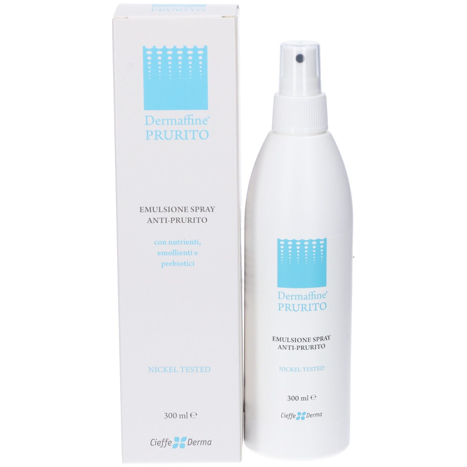 Flacone e confezione Dermaffine PRURITO Emulsione Spray, scatola bianca con etichetta blu.