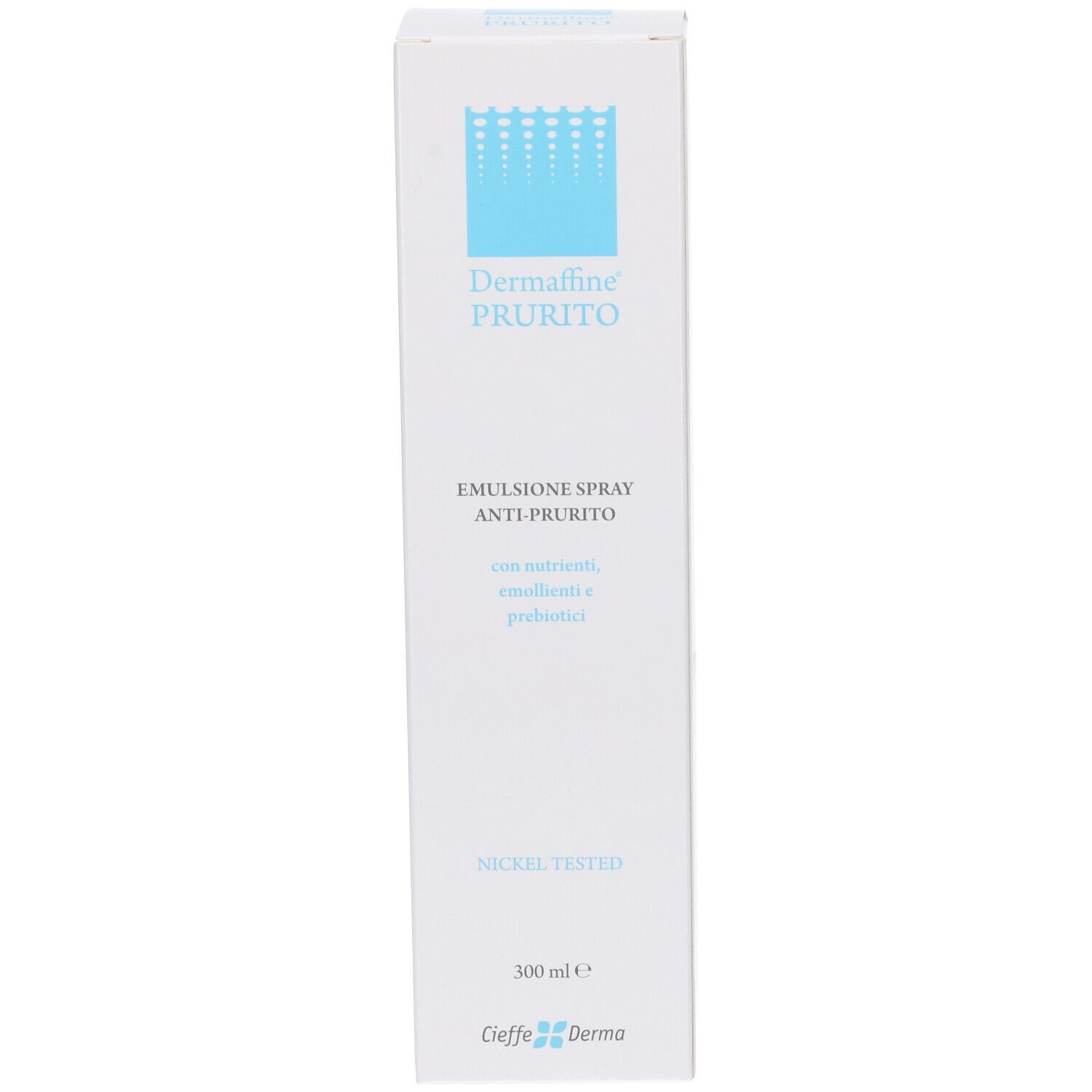 Confezione in cartone bianco per Dermaffine PRURITO Emulsione Spray con etichetta blu.